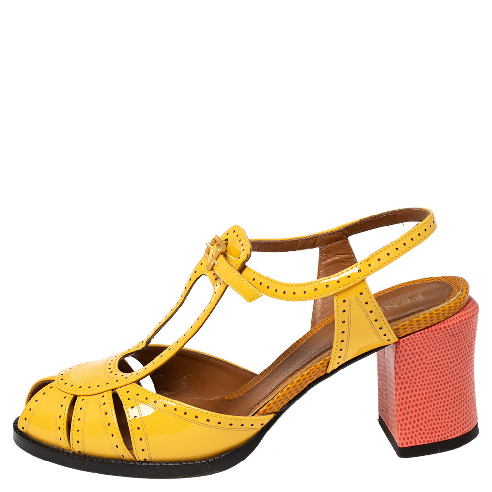 

Fendi Yellow/Pink Patent And Lizard Embossed Leather Chameleon Block Heel Sandals Size