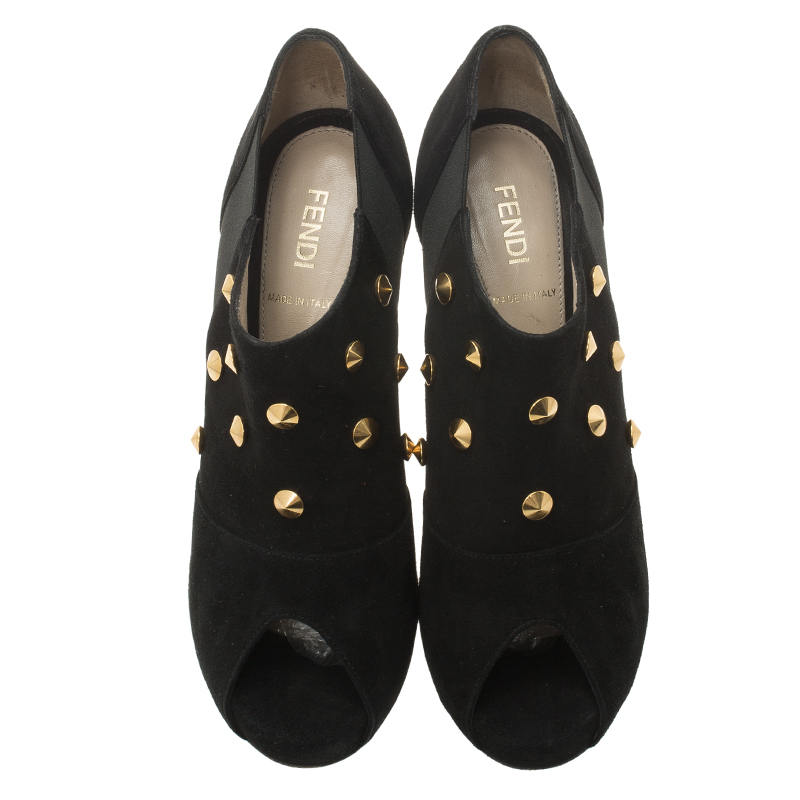Fendi Black Studded Suede Platform Ankle Boots Size 37.5