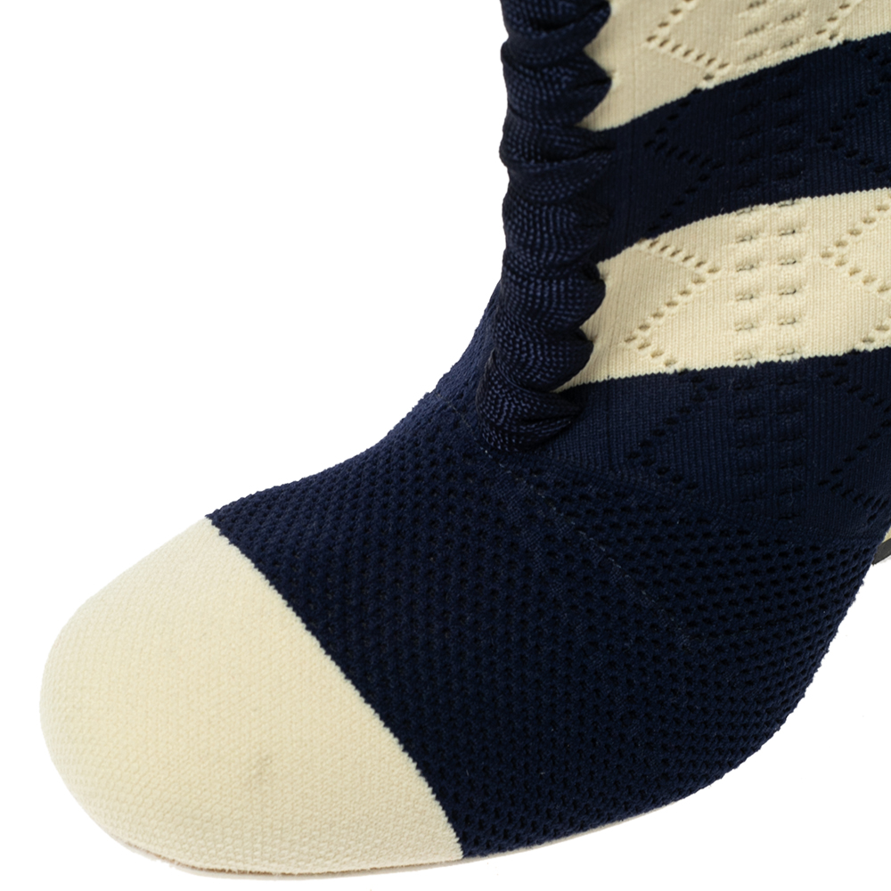 Fendi Navy Blue/Cream Striped Knit Fabric Sock Boots Size 37