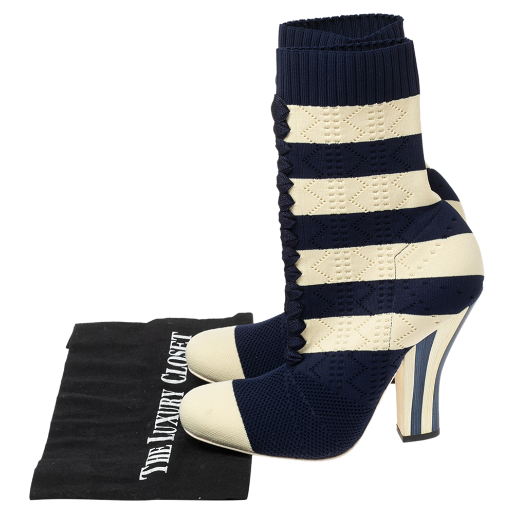 Fendi Navy Blue/Cream Striped Knit Fabric Sock Boots Size 37