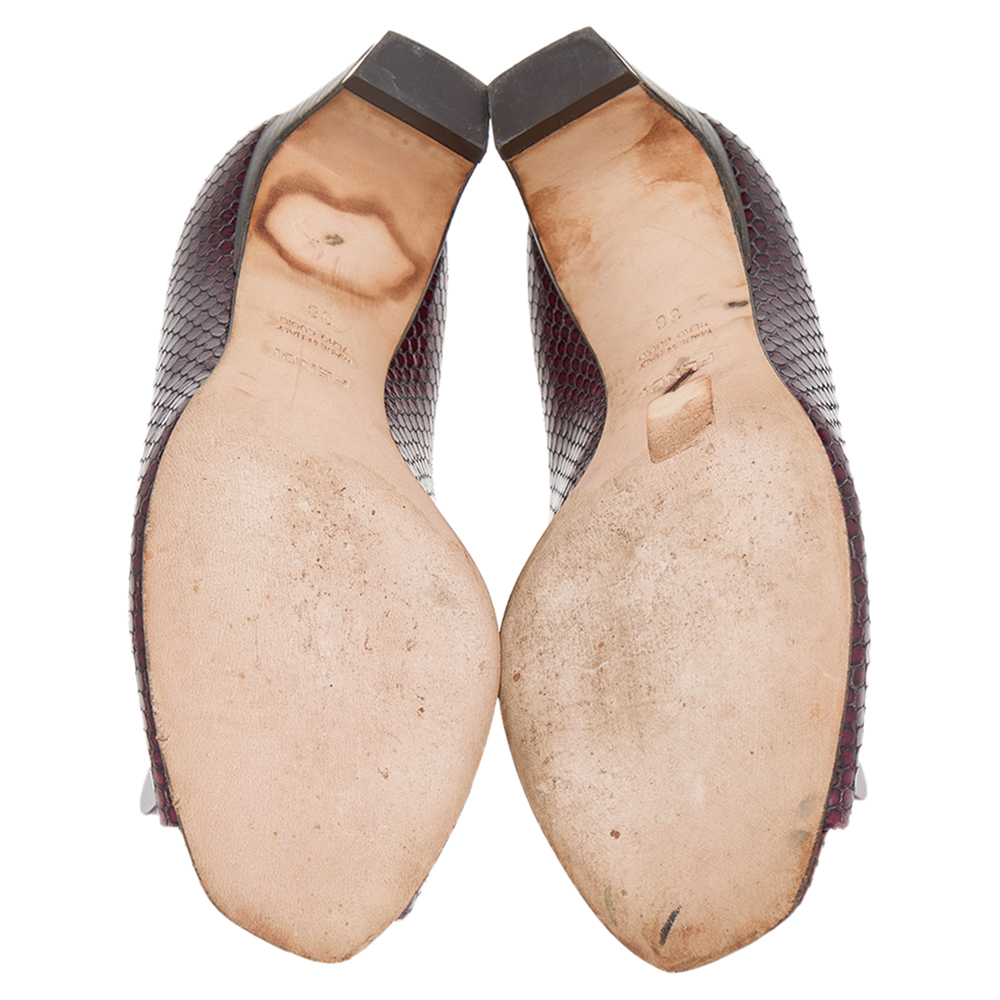 Fendi Two Tone Python Embossed Leather Peep Toe Block Heel Pumps Size 38