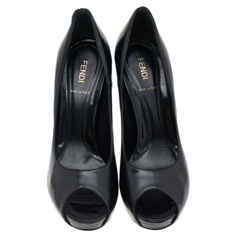 Fendi Black Patent Leather Zucchino Heel Peep Toe Platform Pumps Size 39