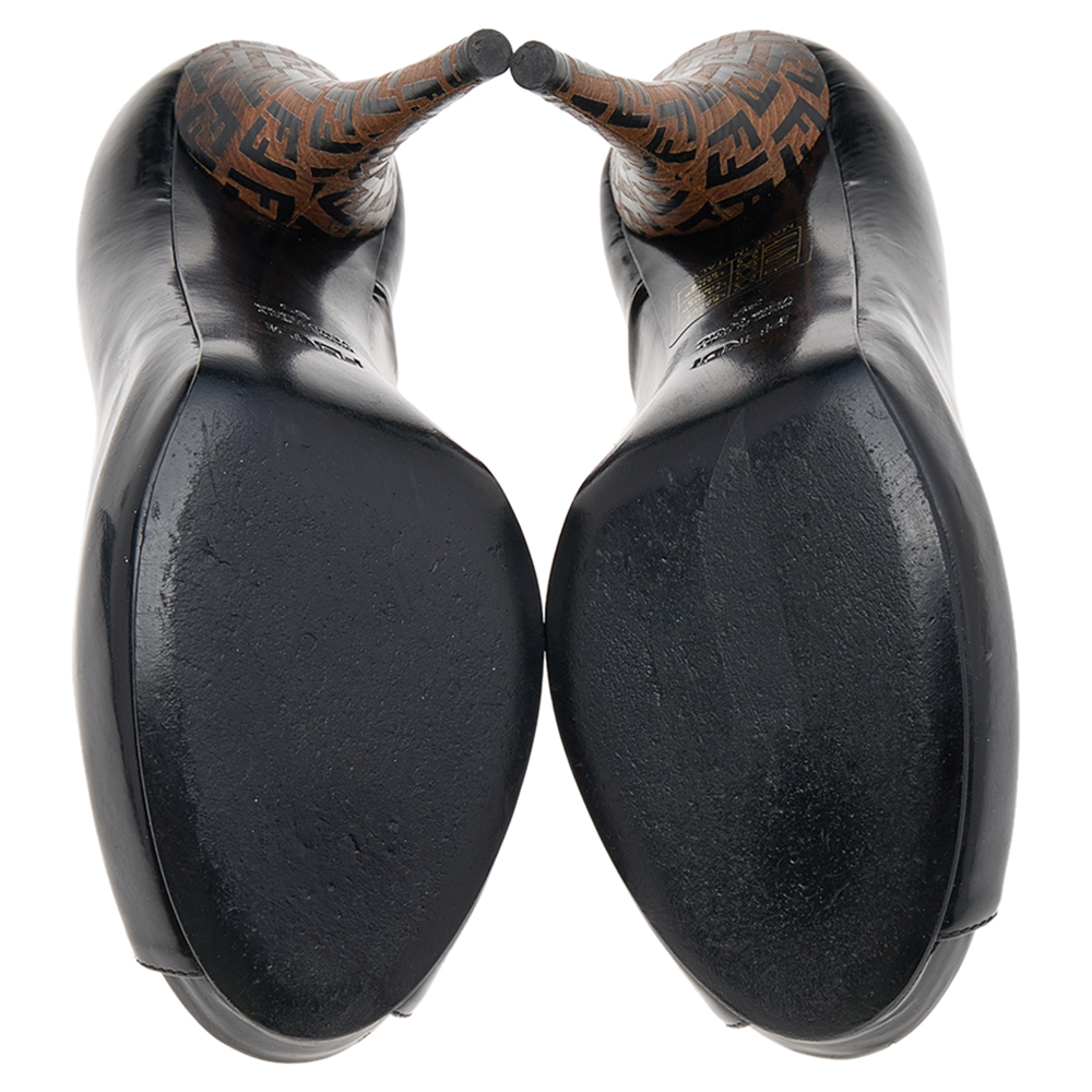 Fendi Black Patent Leather Zucchino Heel Peep Toe Platform Pumps Size 39