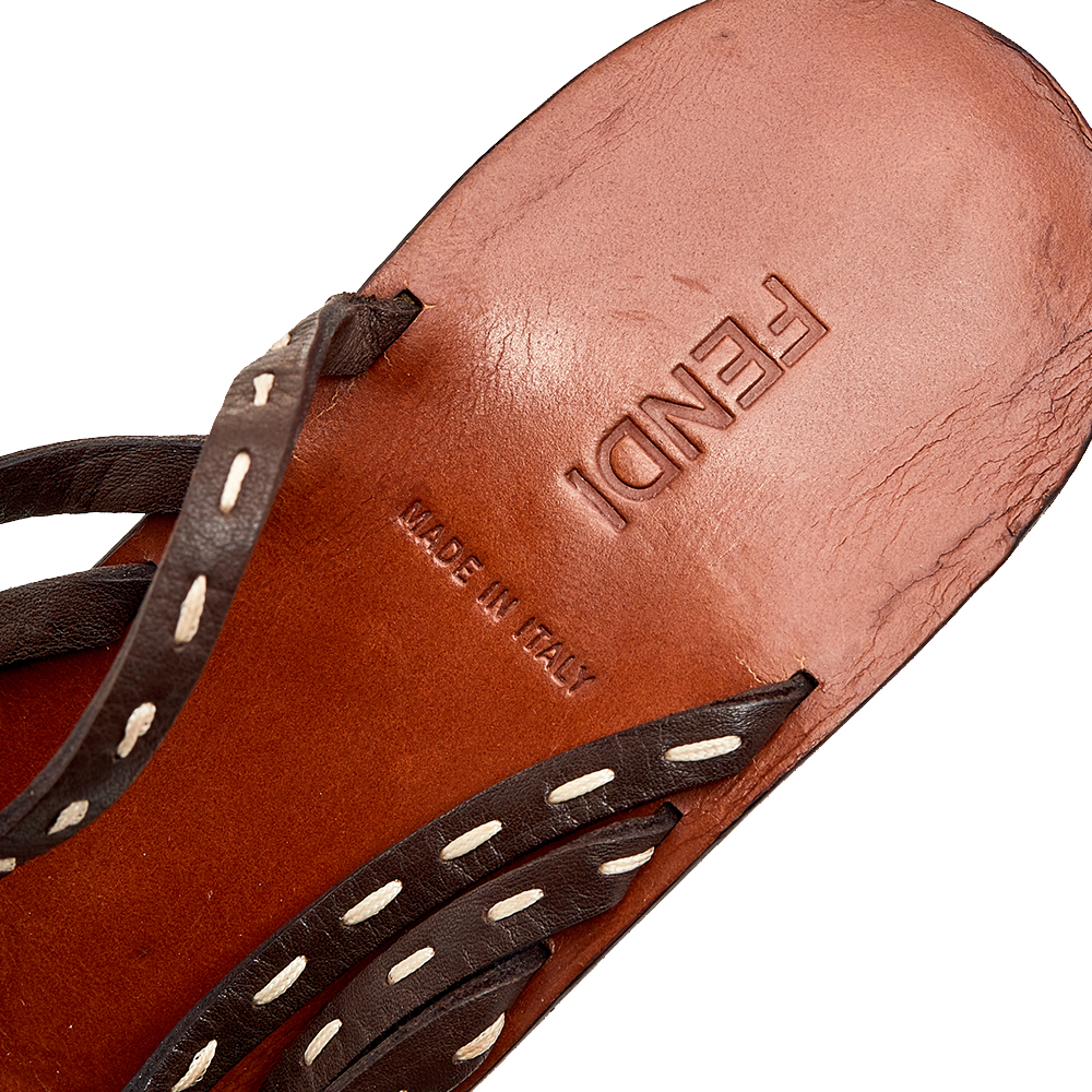 Fendi Dark Brown Leather Strappy Slide Sandals Size 39.5