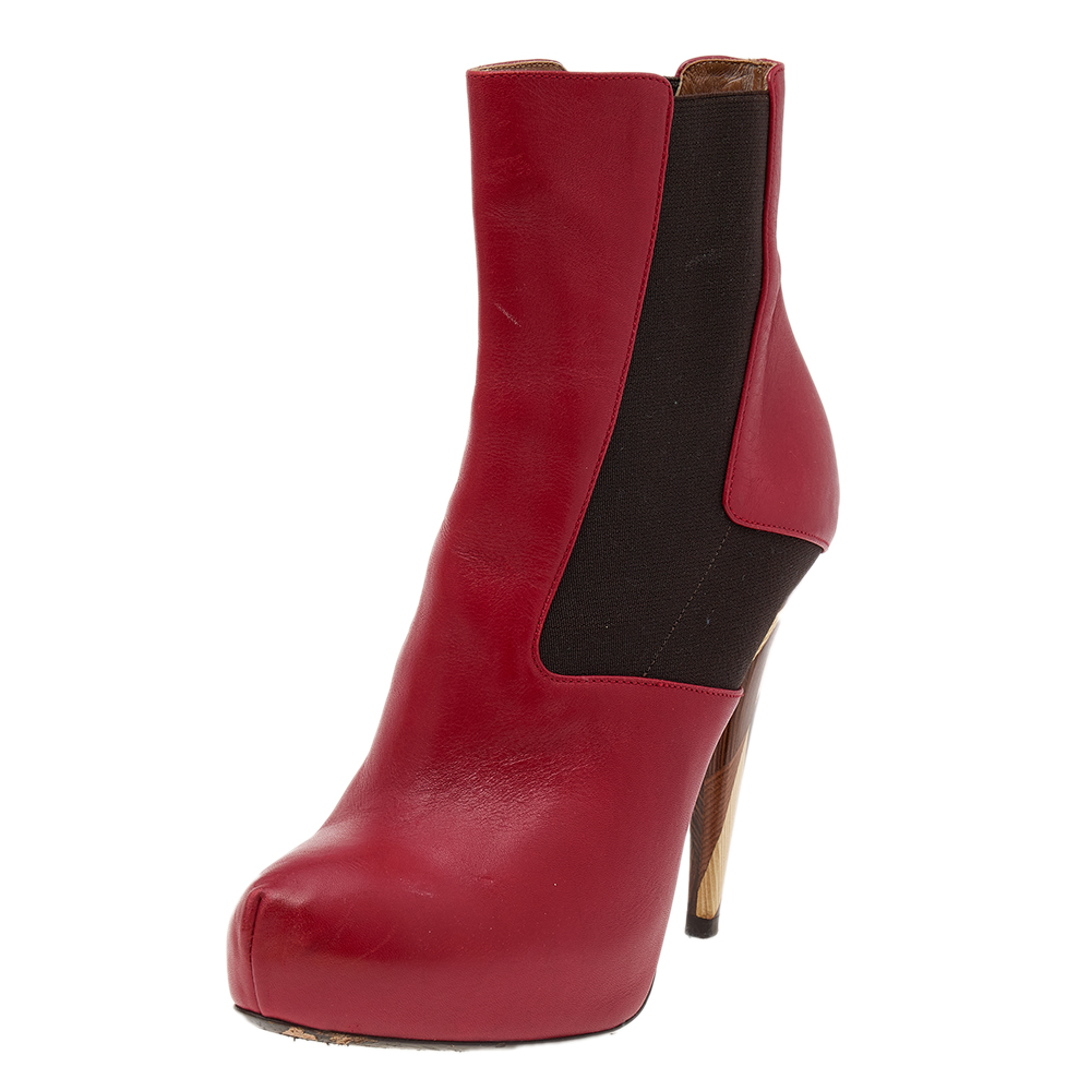 Fendi Red/Brown Leather And Stretch Fabric Platform Ankle Boots Size 37.5
