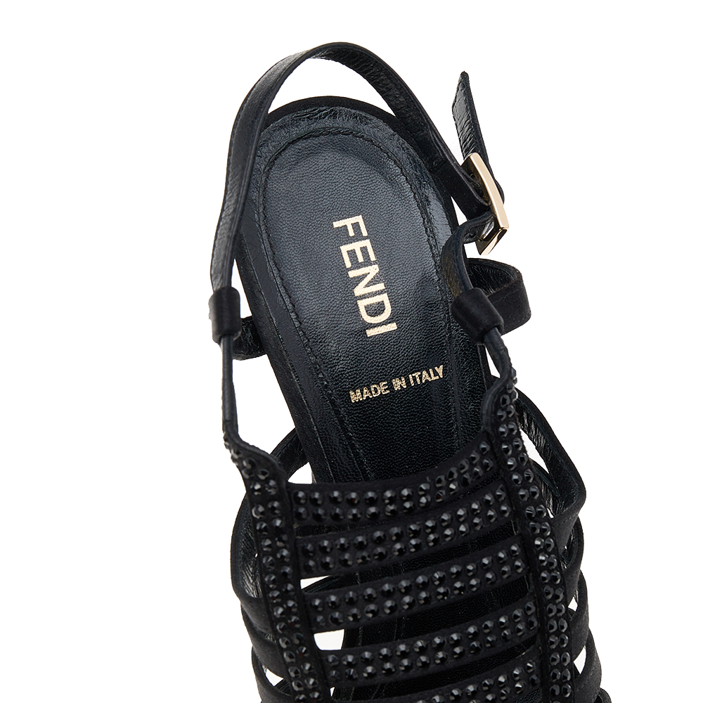 Fendi Black Satin Crystal Embellished Slingback Platform Sandals Size 38