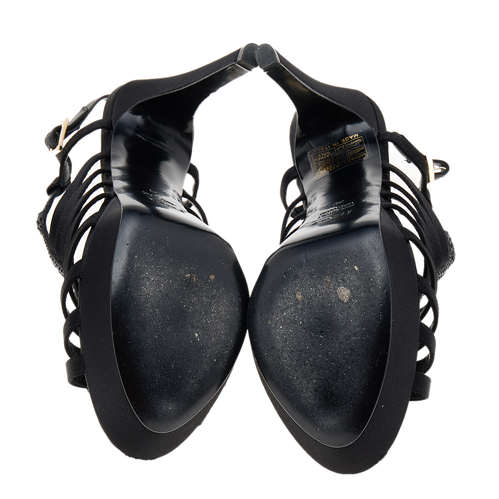Fendi Black Satin Crystal Embellished Slingback Platform Sandals Size 38