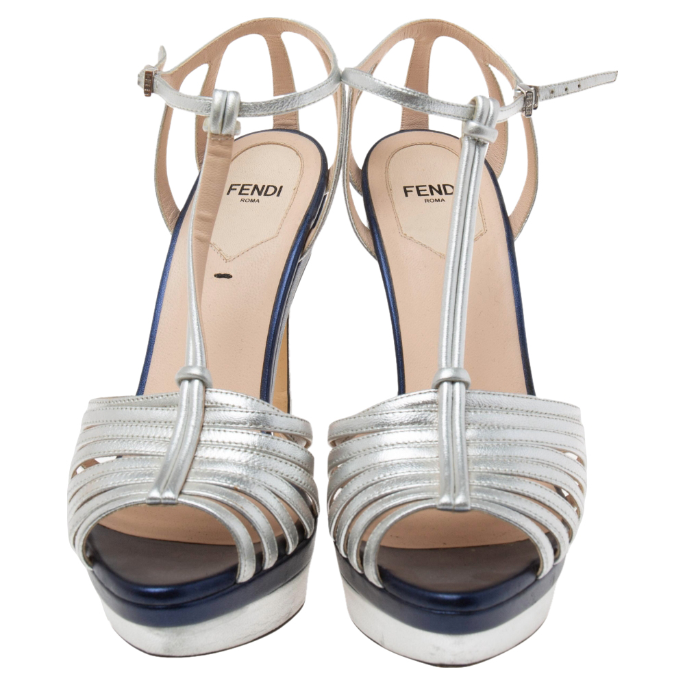 Fendi Metallic Silver Leather T- Strap Platform Sandals Size 37.5
