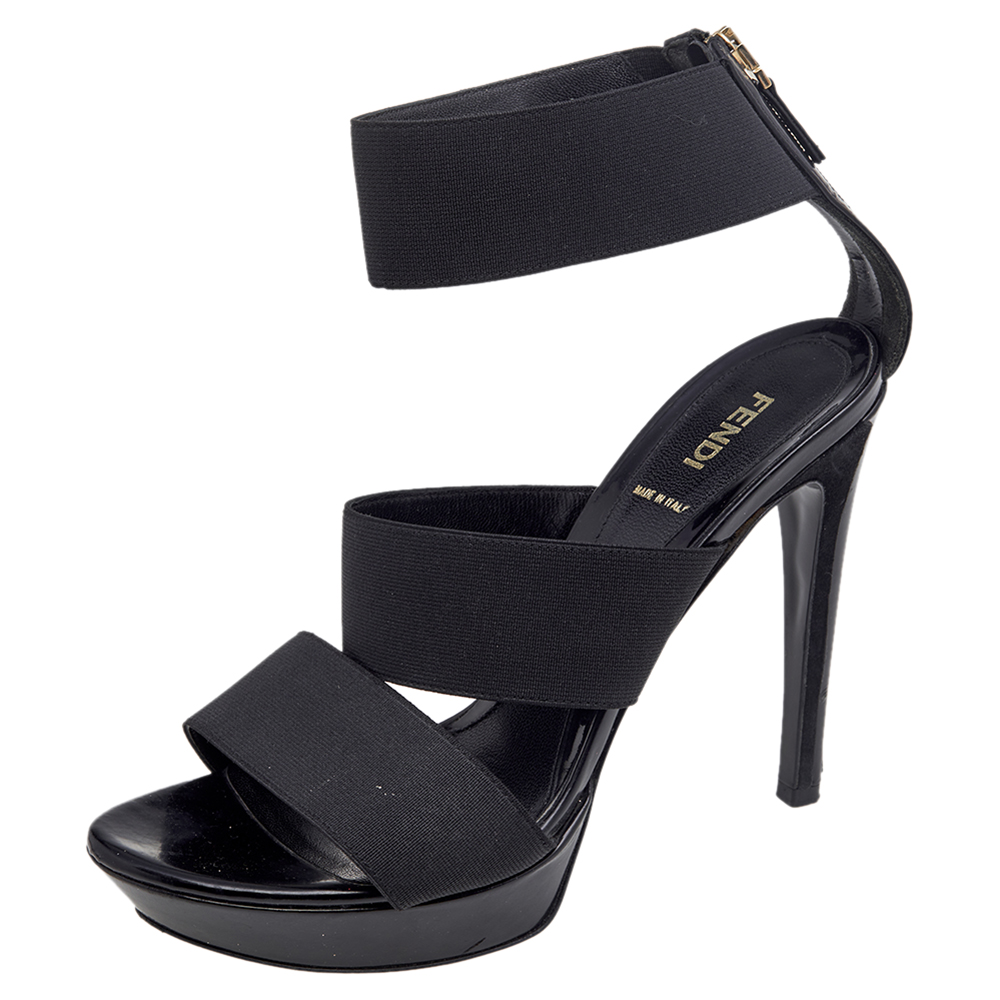 Fendi black stretch band and leather strappy ankle cuff sandals size 39