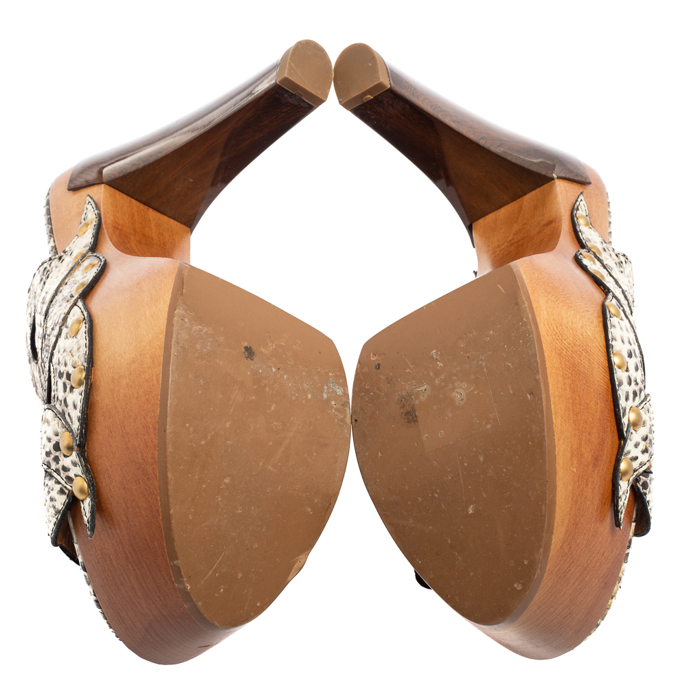 Fendi Beige/Brown Python Leather Platform Slide Sandals Size 38