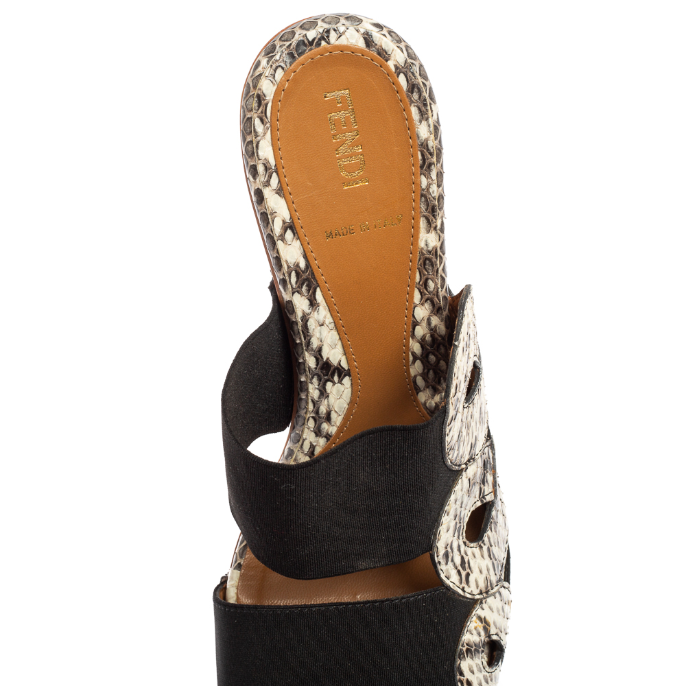 Fendi Beige/Brown Python Leather Platform Slide Sandals Size 38
