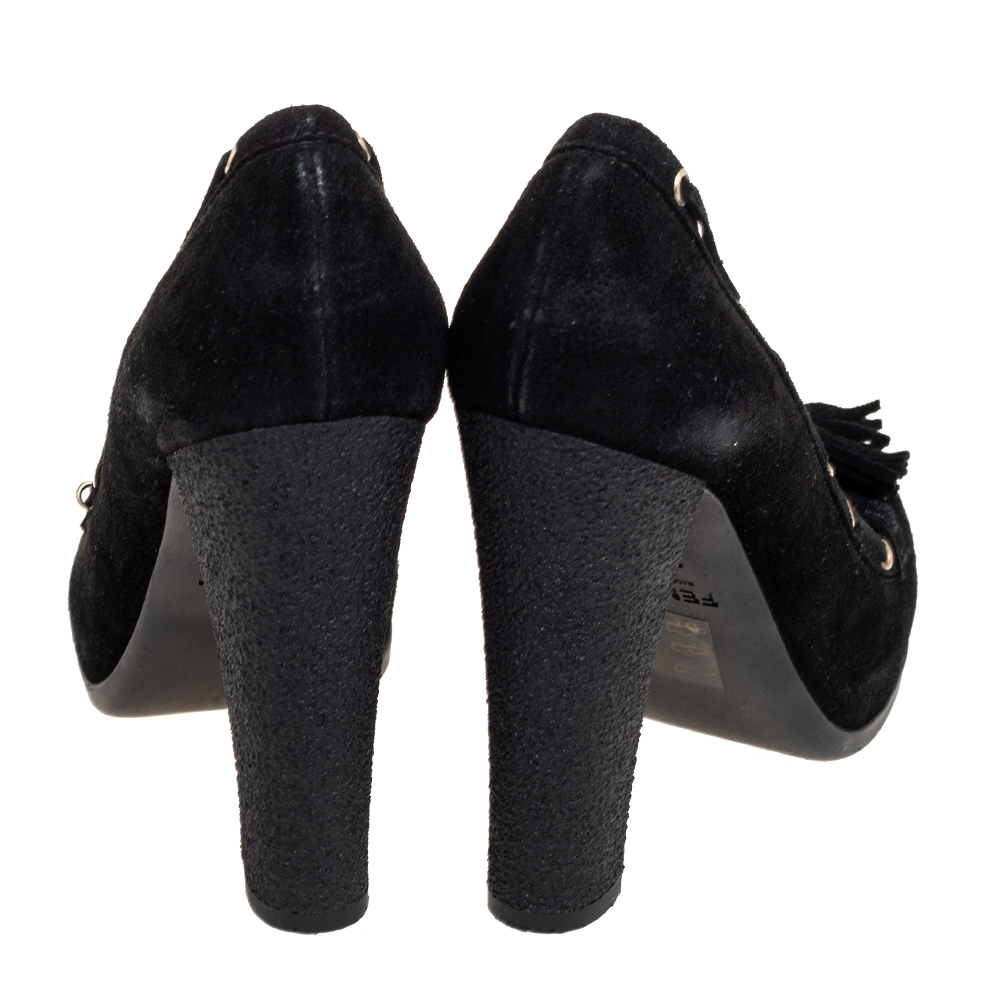 Fendi Black Suede Tassel Detail Loafer Pumps Size 37