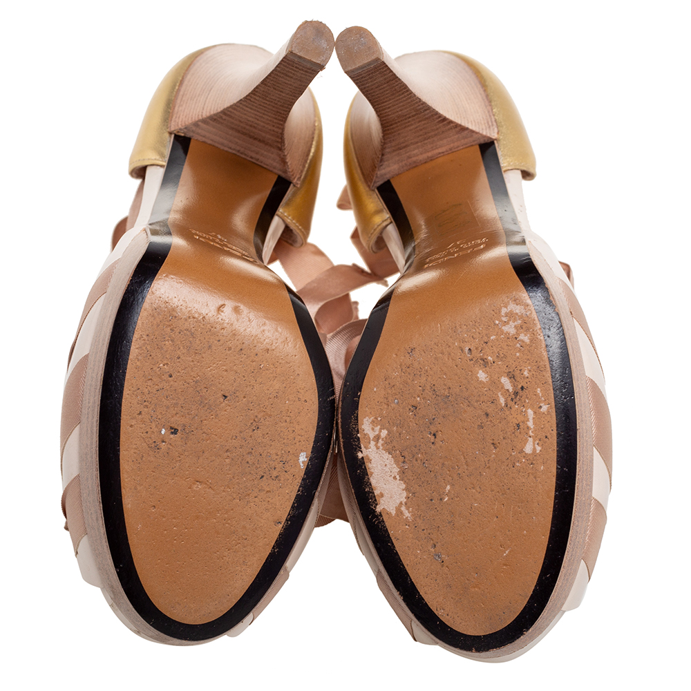 Fendi Beige/Gold Leather And Ribbon Ankle-Tie Platform Sandals Size 37