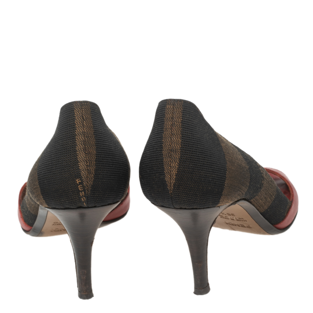 Fendi Tri-Color Leather And Pequin Canvas Open-Toe Pumps Size 35.5