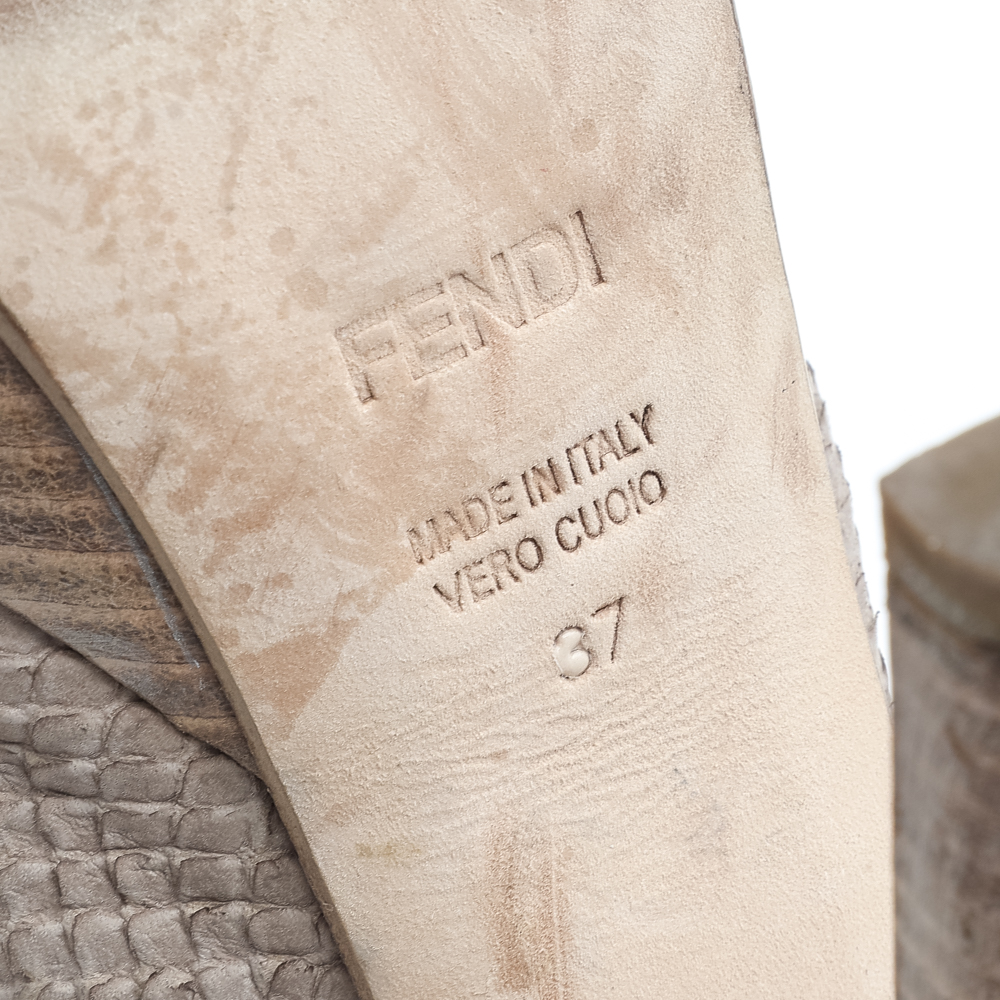 Fendi Beige Python Embossed Leather Fendista Bow Slingback Sandals Size 37