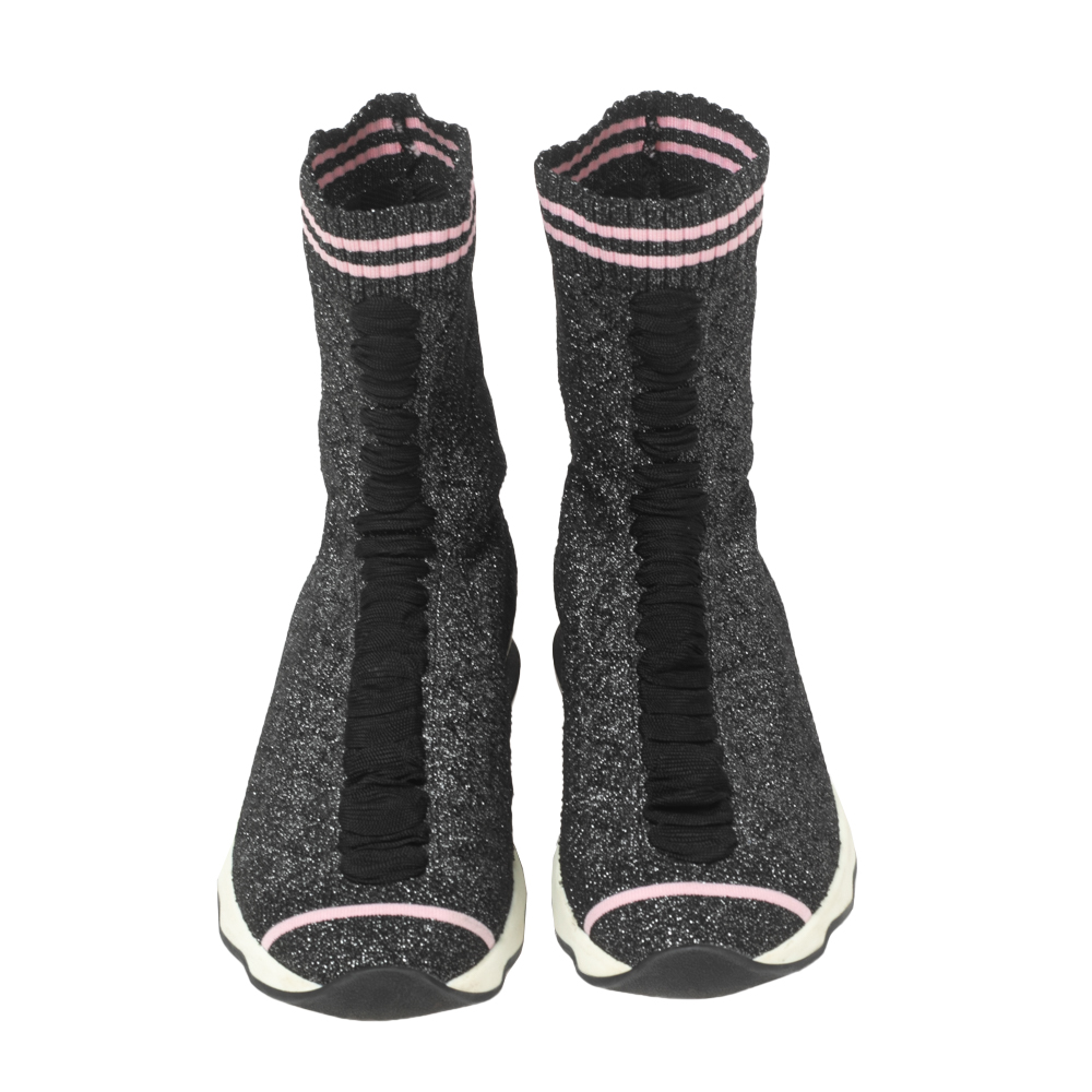 Fendi Black/Silver Glitter Knit Fabric High-Top Sock Sneakers Size 38