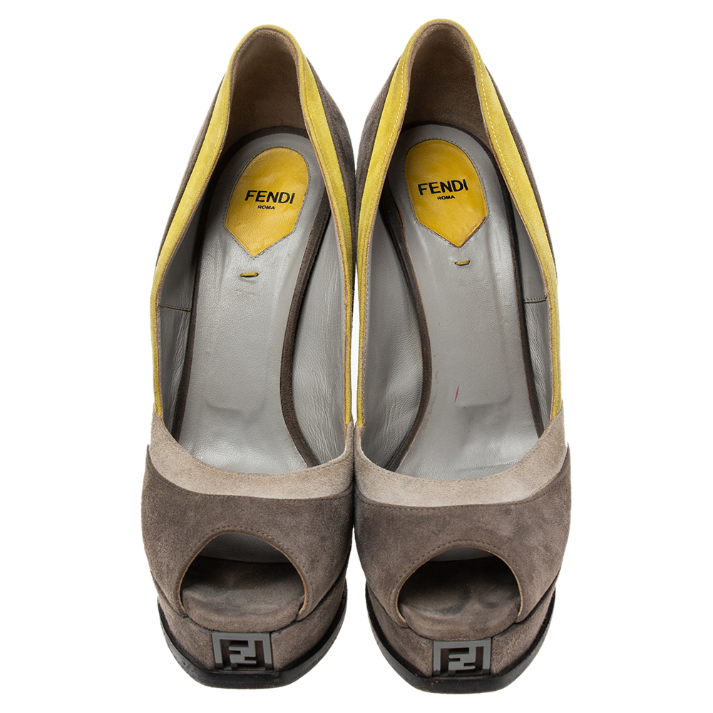 Fendi Grey/Yellow Suede Fendista Peep Toe Platform Pumps Size 39