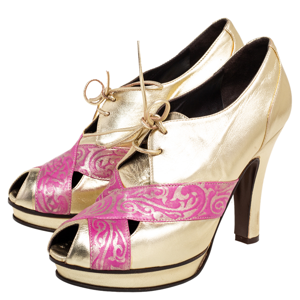 Fendi Metallic Gold/Pink Printed And Leather Peep-Toe Lace-Up Ankle Booties Size 39