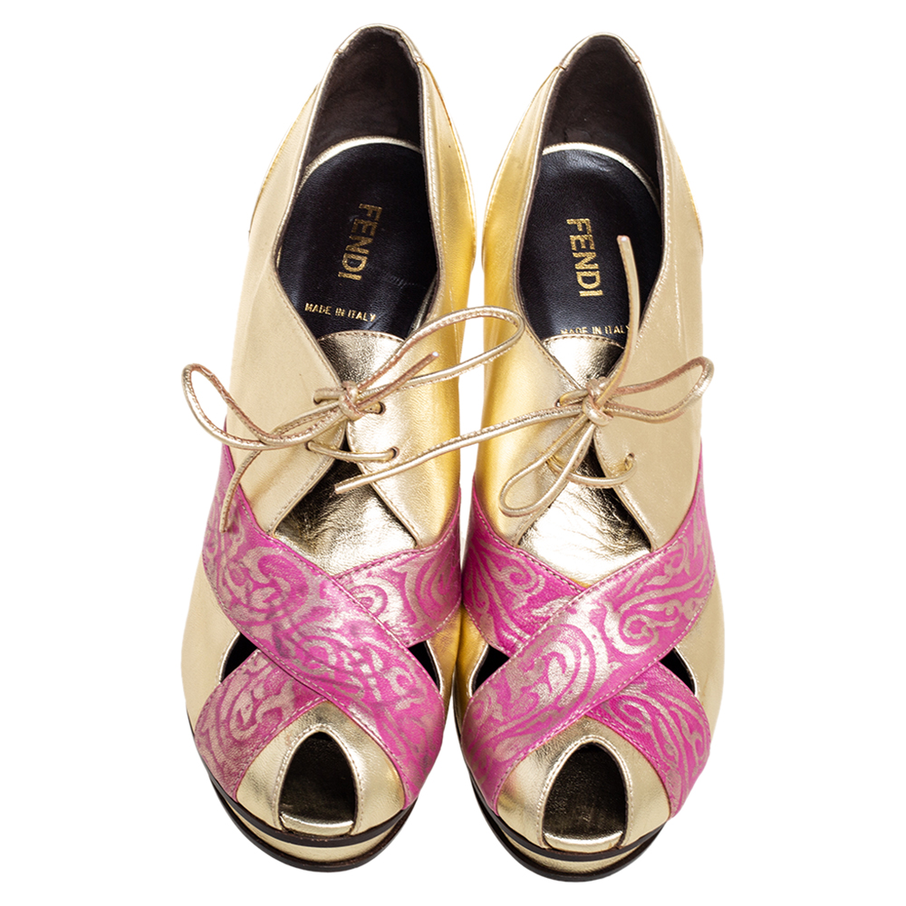 Fendi Metallic Gold/Pink Printed And Leather Peep-Toe Lace-Up Ankle Booties Size 39