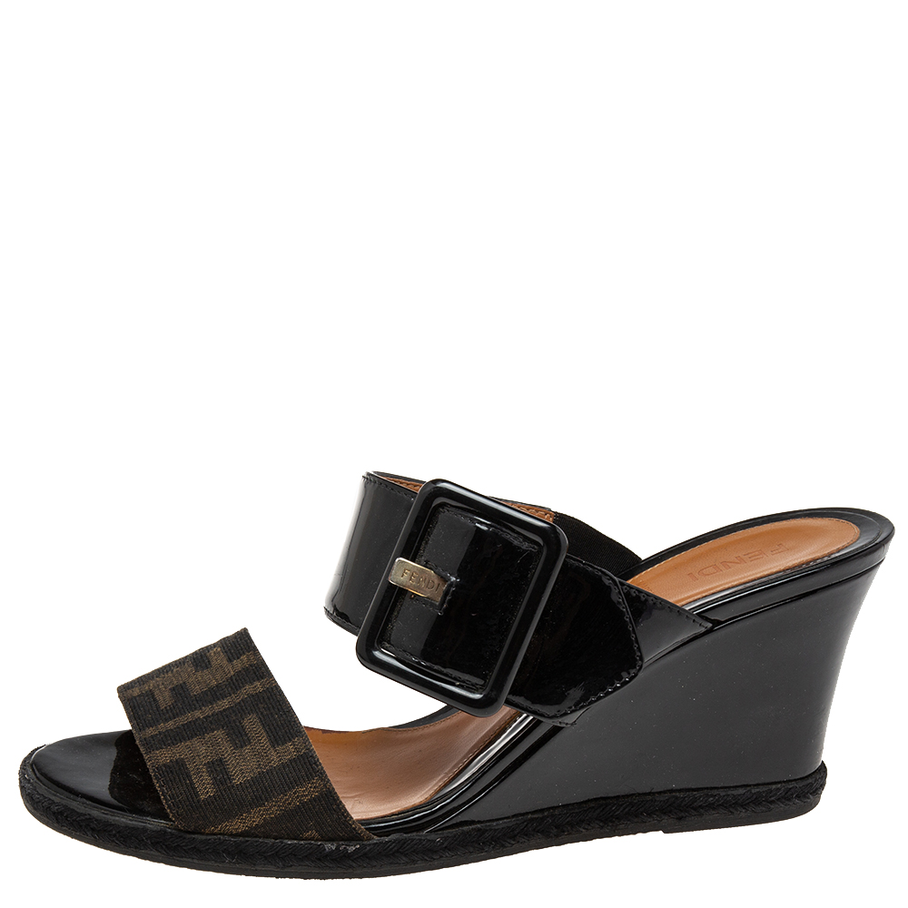 

Fendi Brown/Black Zucca Canvas and Patent Leather Wedge Slide Sandals Size