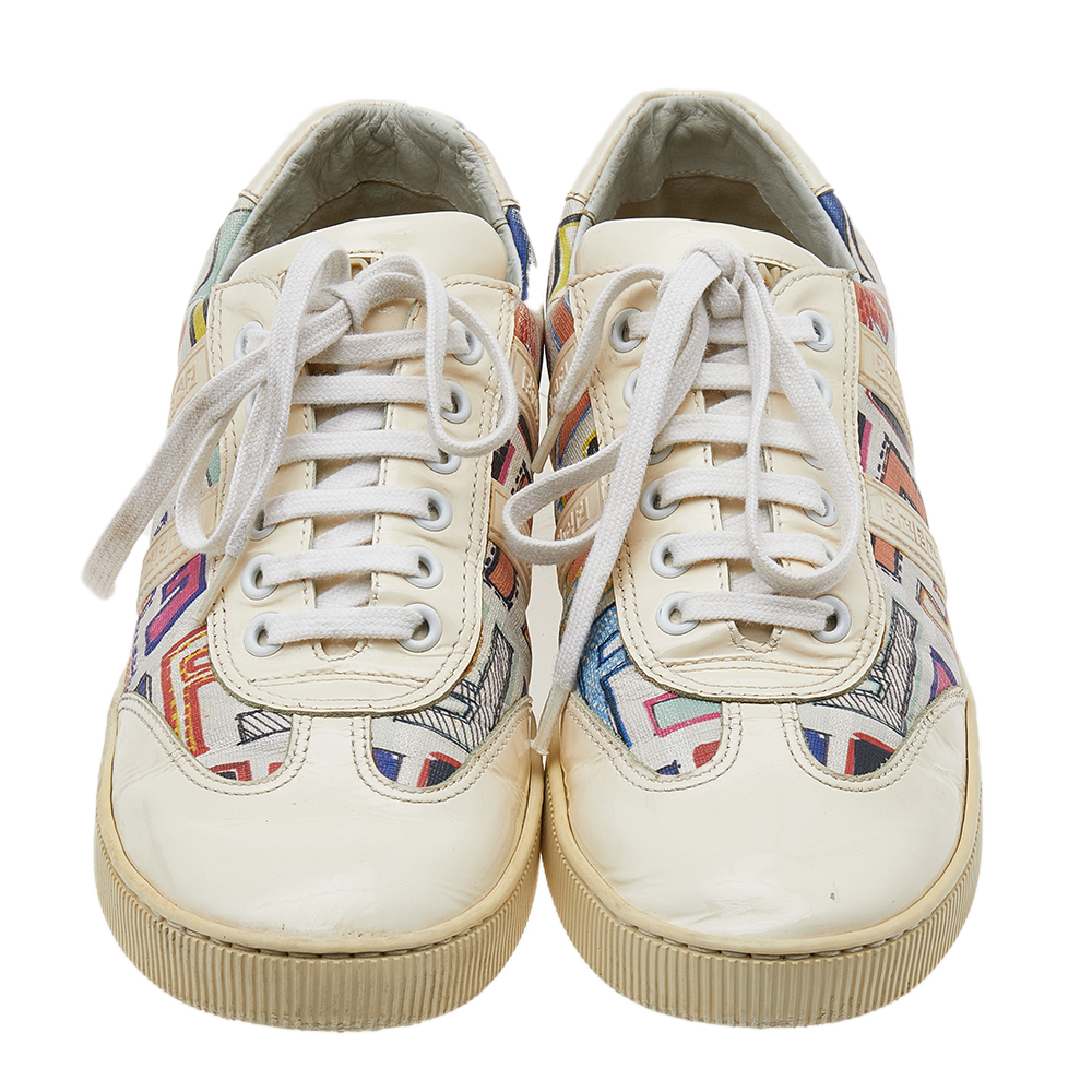 Fendi Multicolor Patent Leather And FF Print Coated Canvas Low Top Sneakers Size 37.5
