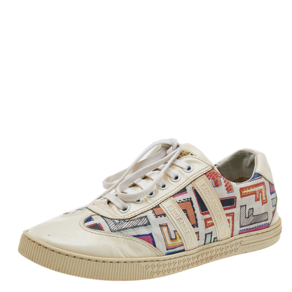 Fendi multicolor patent leather and ff print coated canvas low top sneakers size 37.5