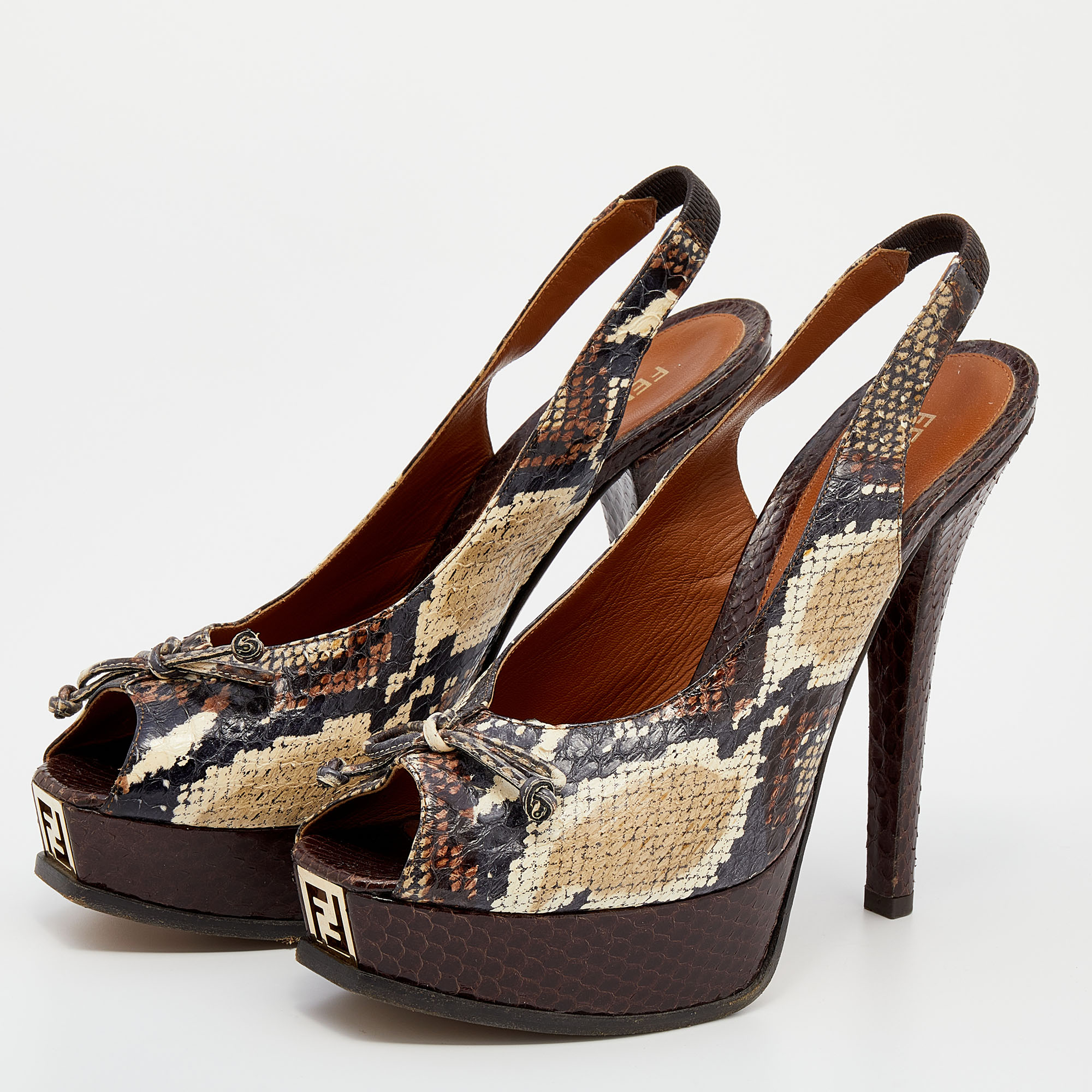 Fendi Multicolor Python Fendista Peep Toe Platform Slingback Pumps Size 41