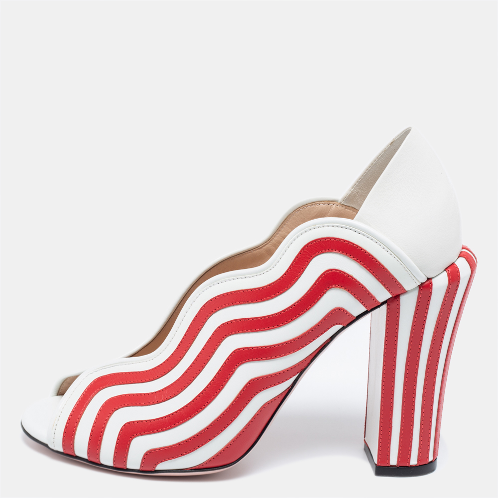 Fendi White/Red Striped Leather Peep-Toe Pumps Size 39.5
