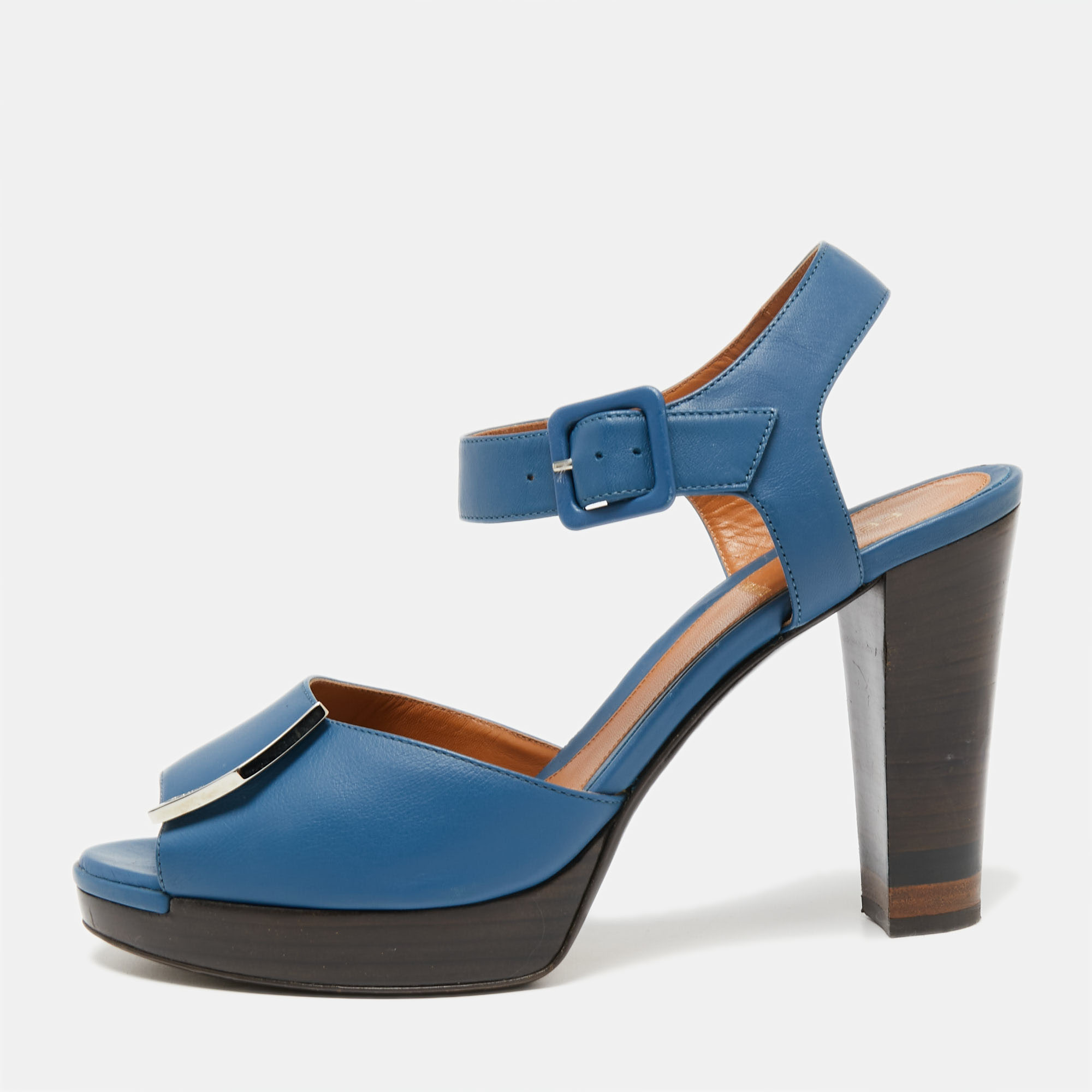 Fendi Blue Leather Metal Logo Open-Toe Ankle-Strap Platform Sandals Size 40