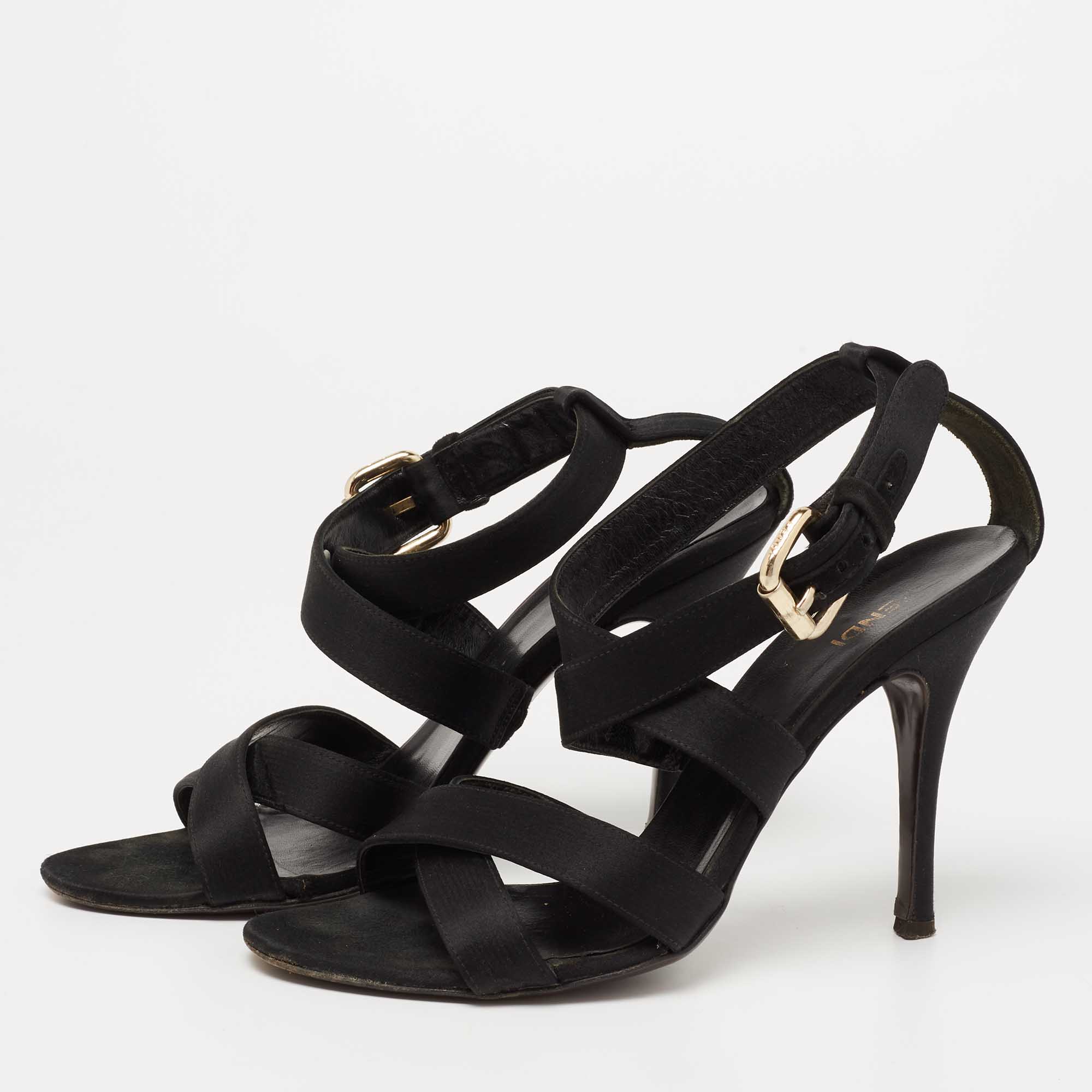 Fendi Black Satin  Criss Cross Ankle Strap Sandals Size 37