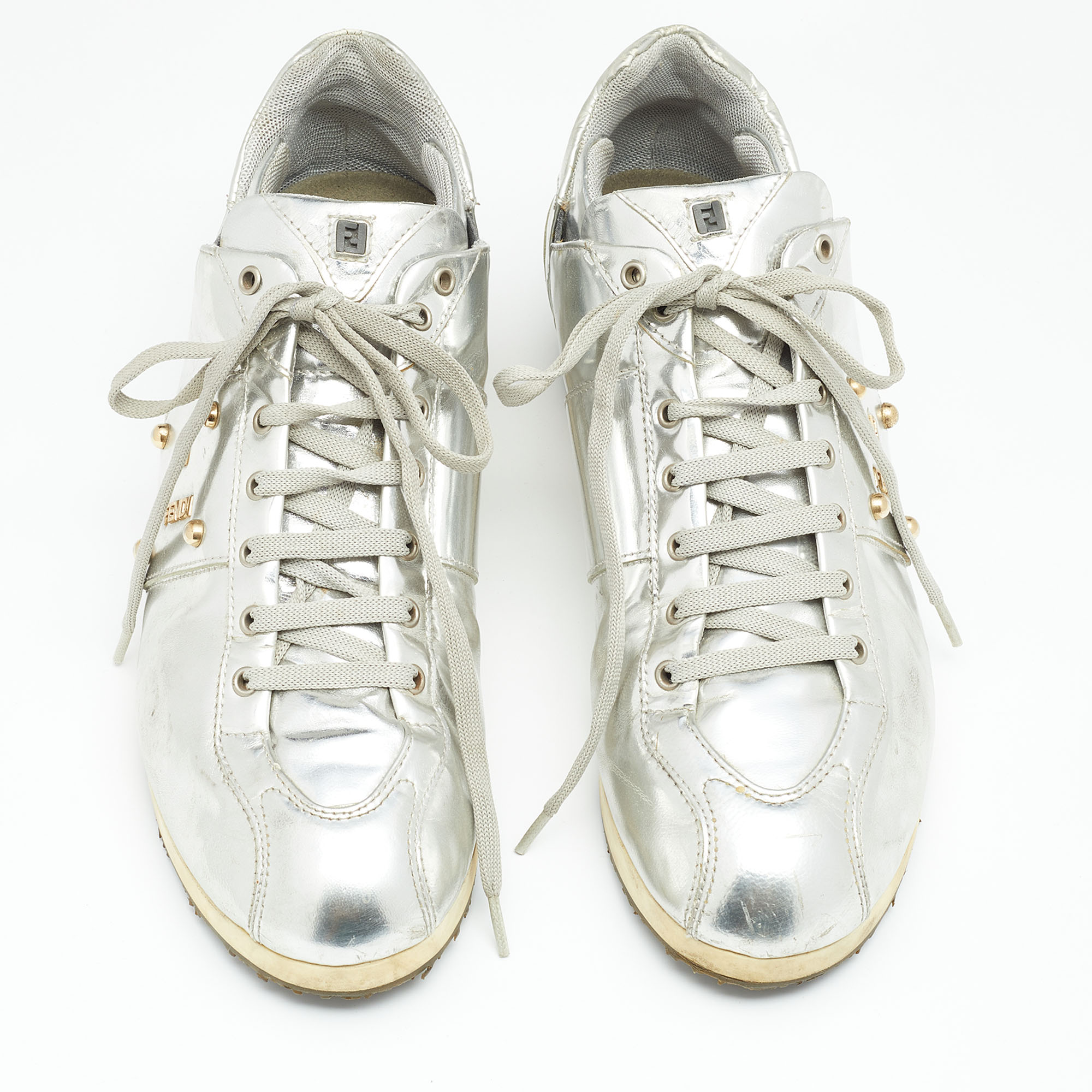 Fendi Metallic Silver Patent Leather Low Top Sneakers Size 38