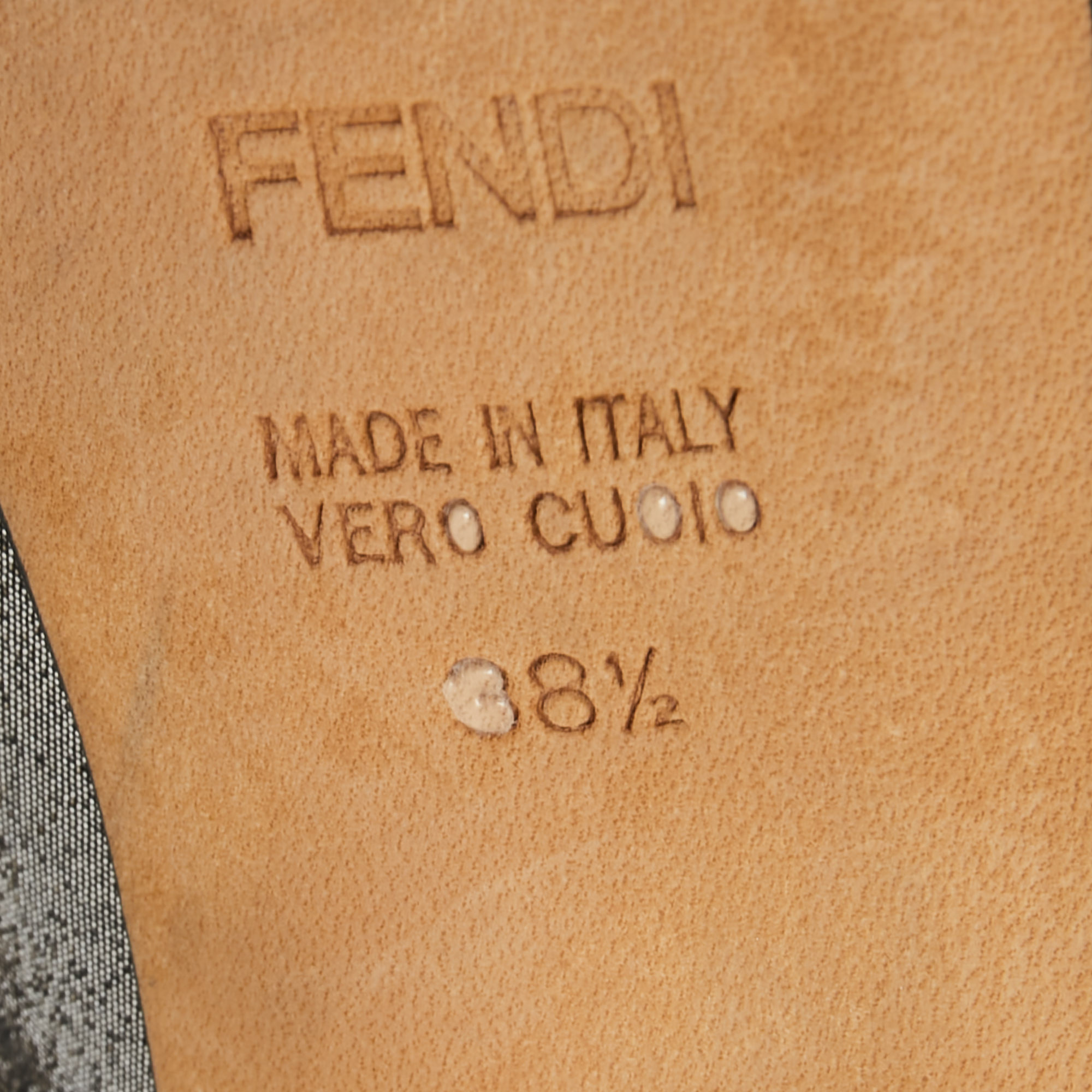Fendi Metallic Grey Suede Fendista Peep Toe Slingback Platform Sandals Size 38.5