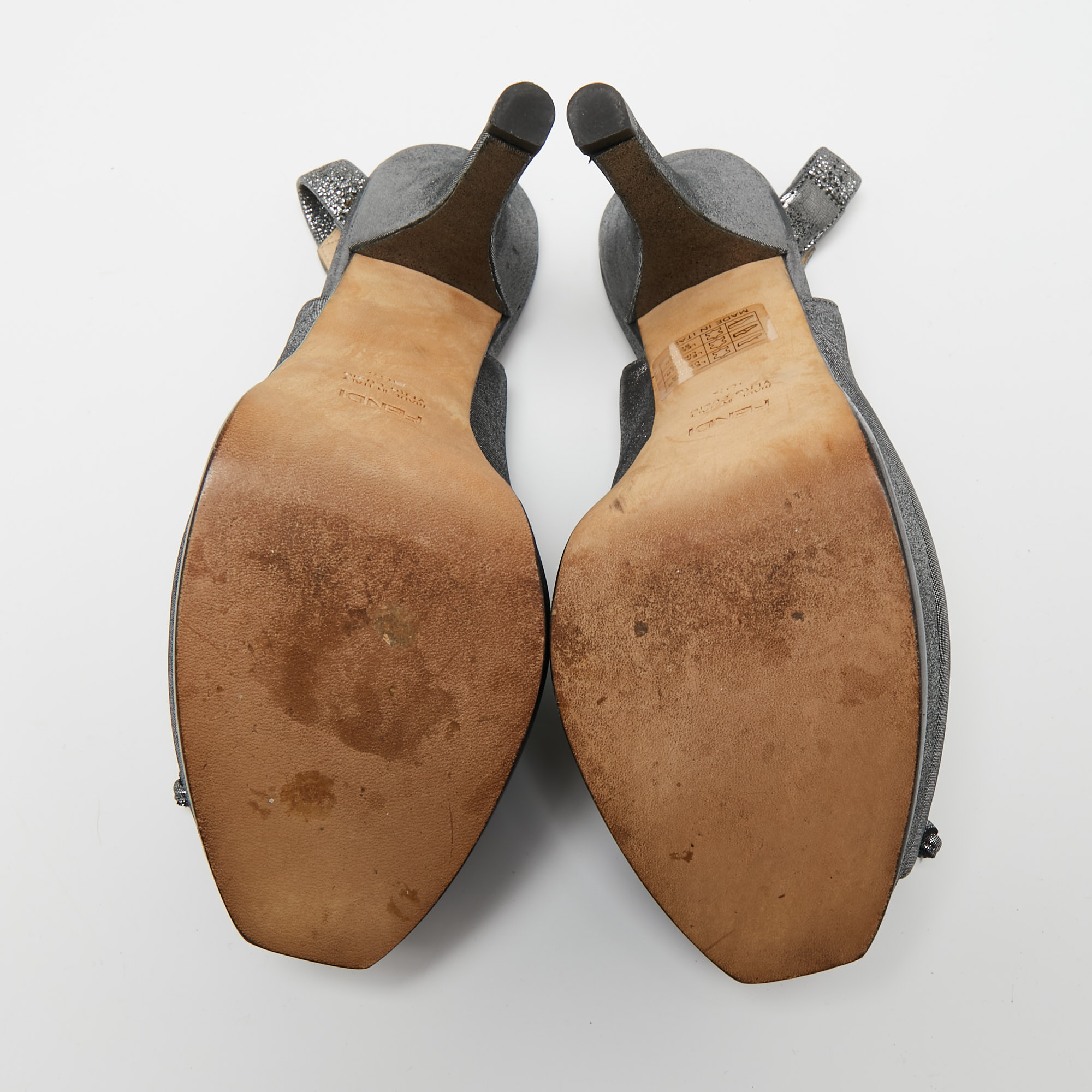 Fendi Metallic Grey Suede Fendista Peep Toe Slingback Platform Sandals Size 38.5