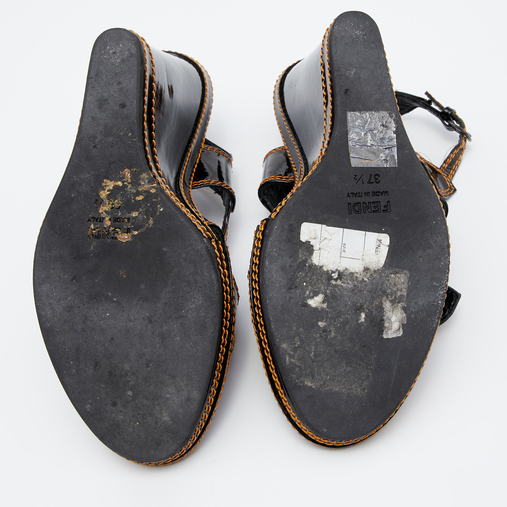 Fendi Black Patent Leather B Buckle Platform Wedge Sandals Size 37.5