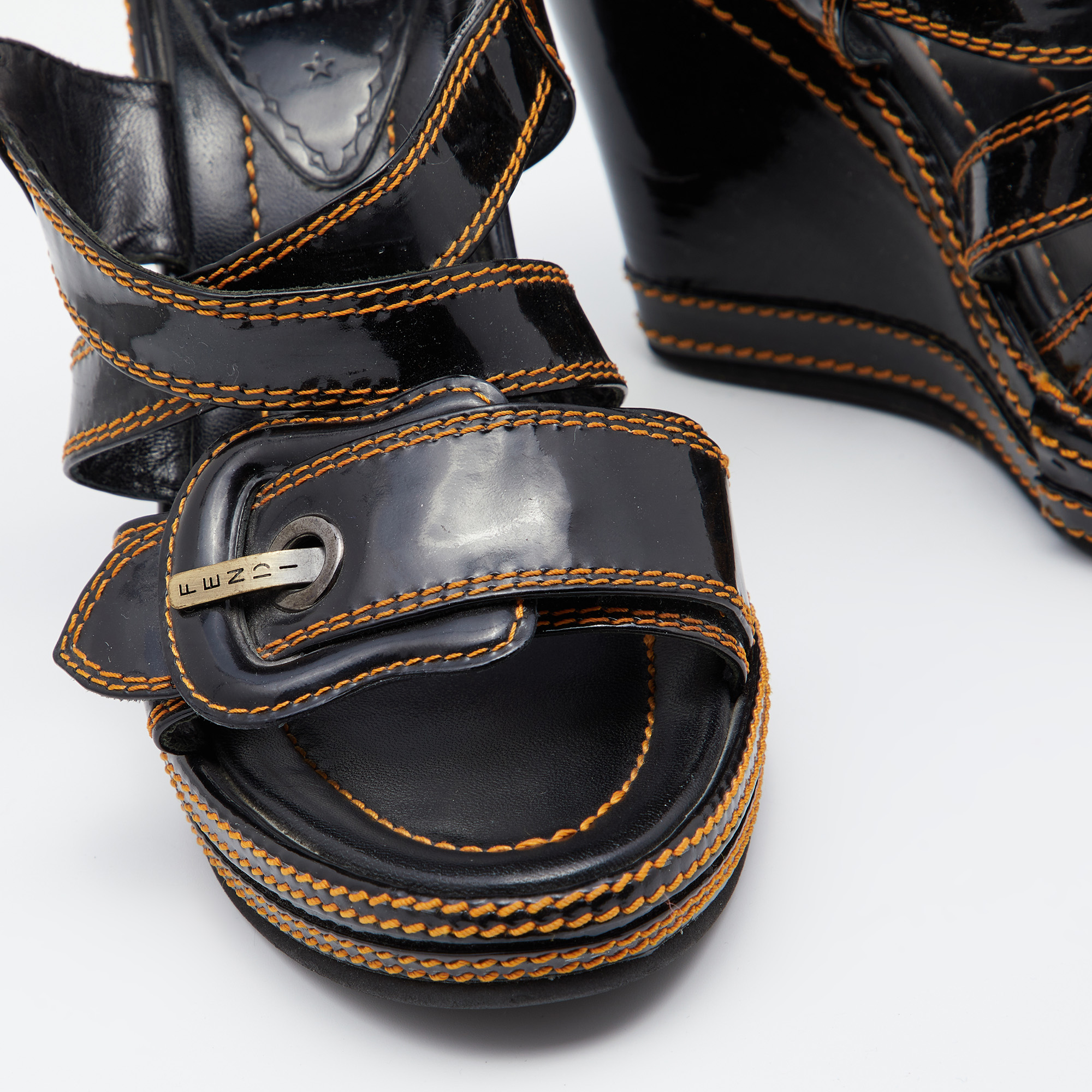 Fendi Black Patent Leather B Buckle Platform Wedge Sandals Size 37.5
