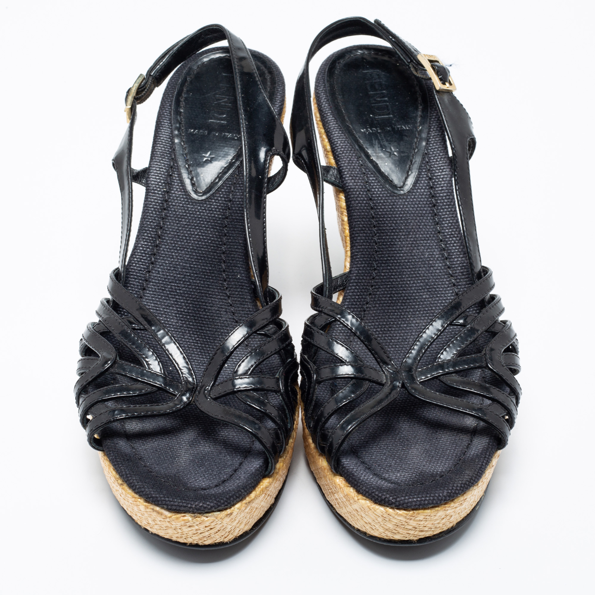 Fendi Black Patent Leather Platform Wedge Heel Slingback Sandals Size 37
