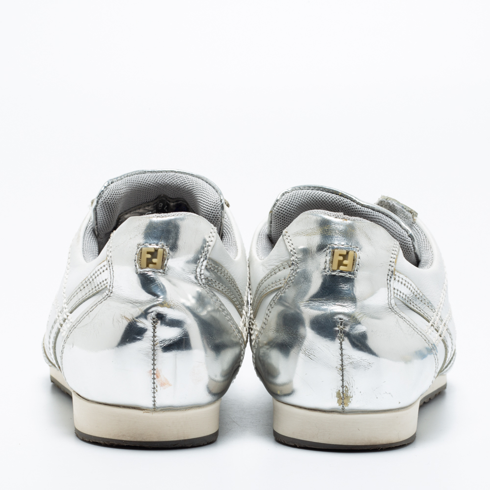 Fendi Silver/White Leather Low Top Sneakers Size 39