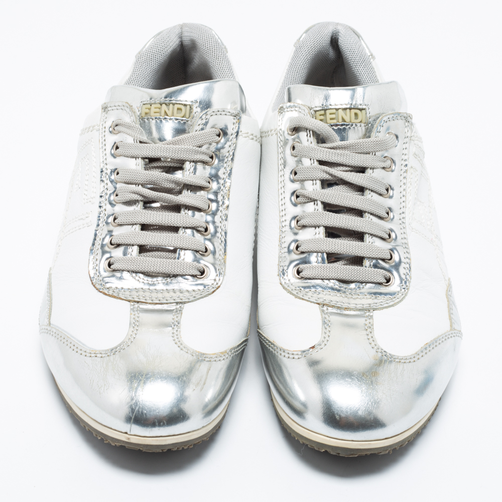 Fendi Silver/White Leather Low Top Sneakers Size 39