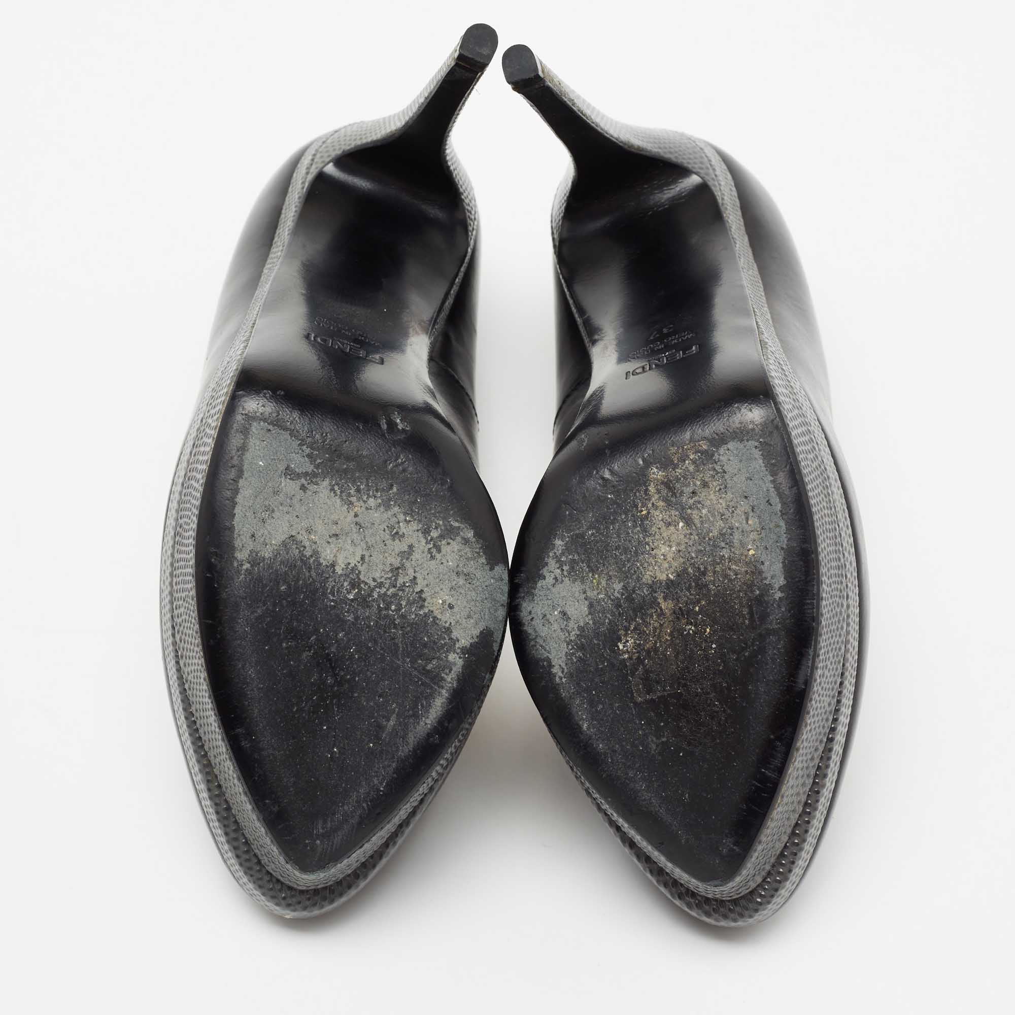 Fendi Black/Grey Leather And Lizard Embossed Heel Platform Pumps Size 37