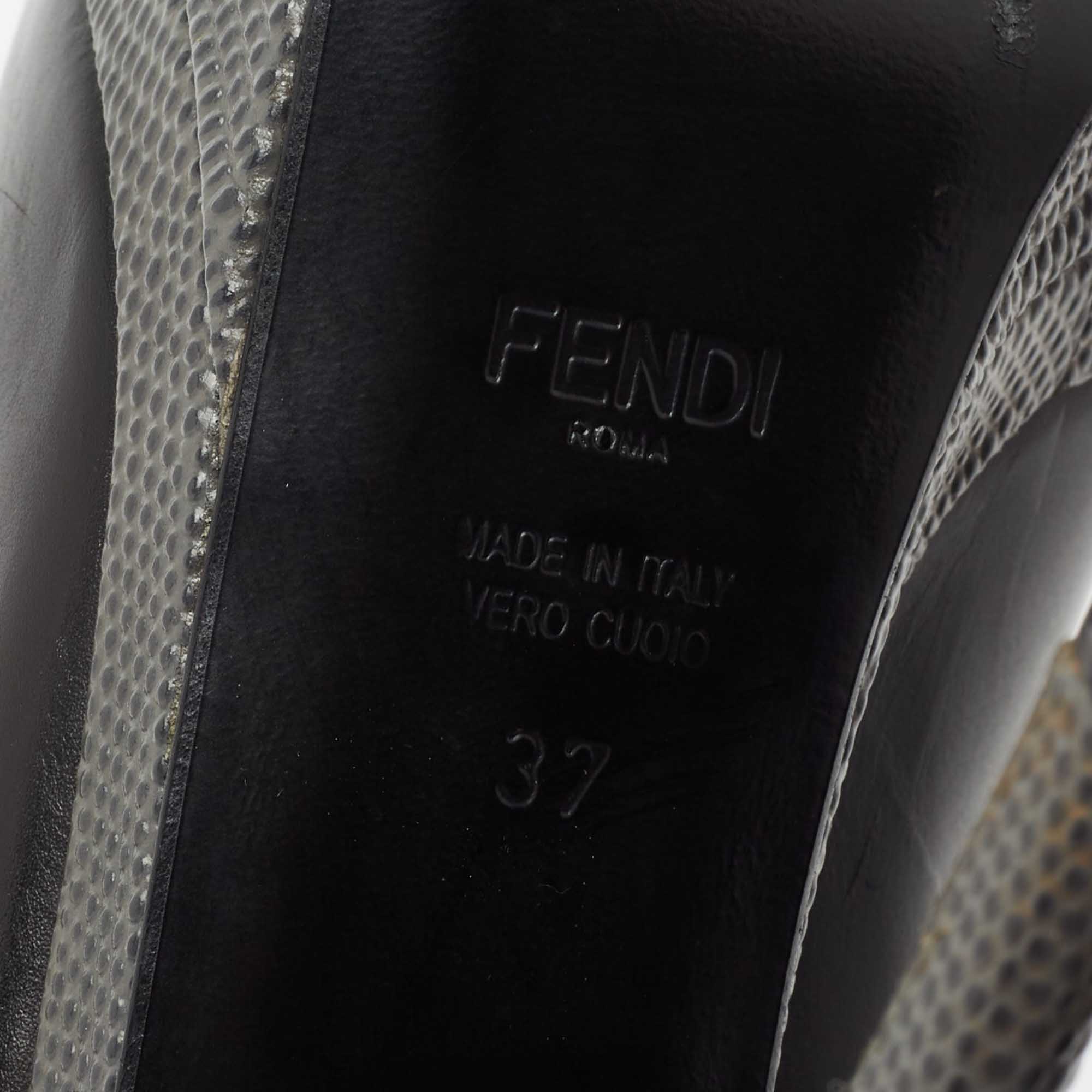 Fendi Black/Grey Leather And Lizard Embossed Heel Platform Pumps Size 37
