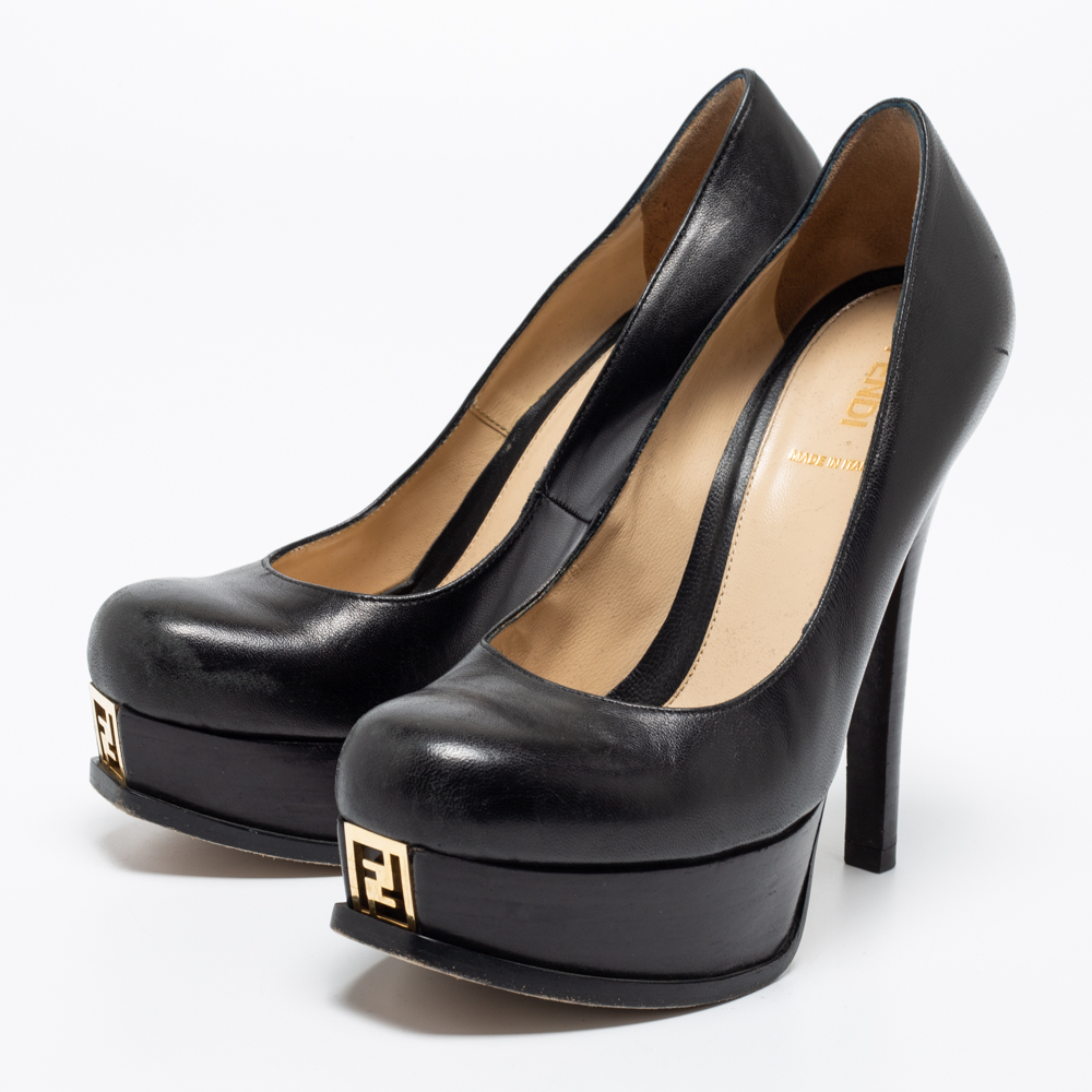 Fendi Black Leather Fendista Platform Pumps Size 37.5