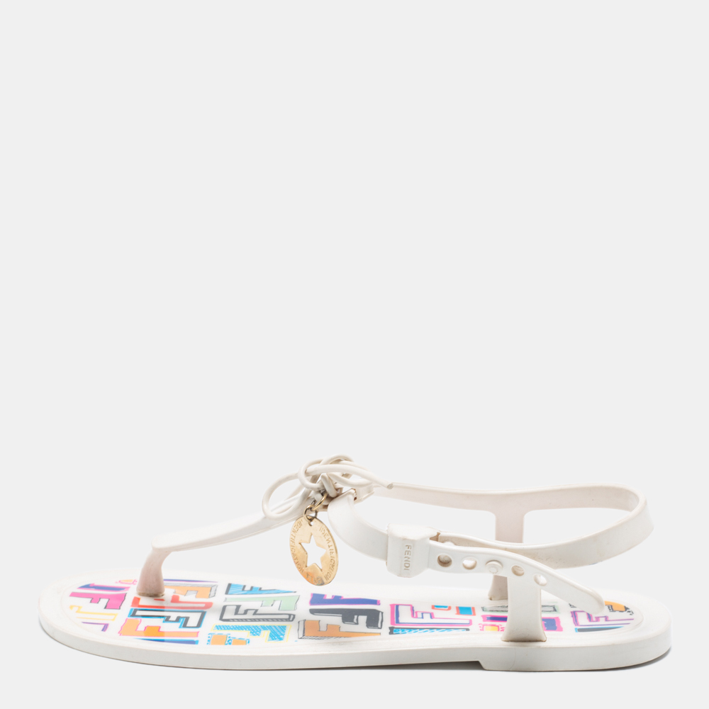 Fendi white jelly logo charm sunny thong flat sandals size 36