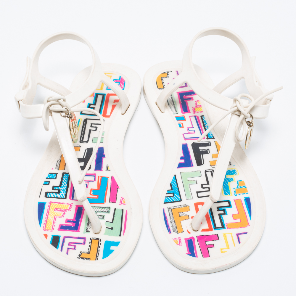 Fendi White Jelly Logo Charm Sunny Thong Flat Sandals Size 36