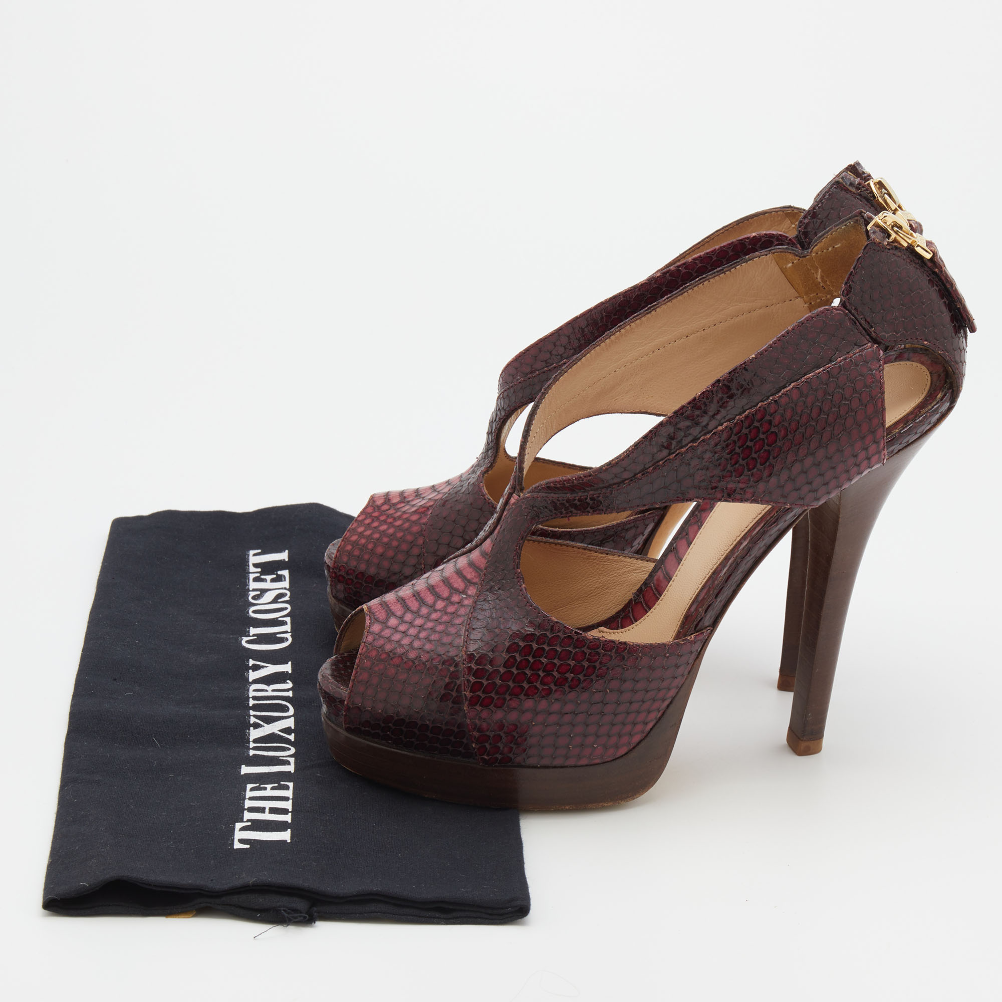 Fendi Burgundy Python Embossed Leather Strappy Peep Toe Platform Sandals Size 40