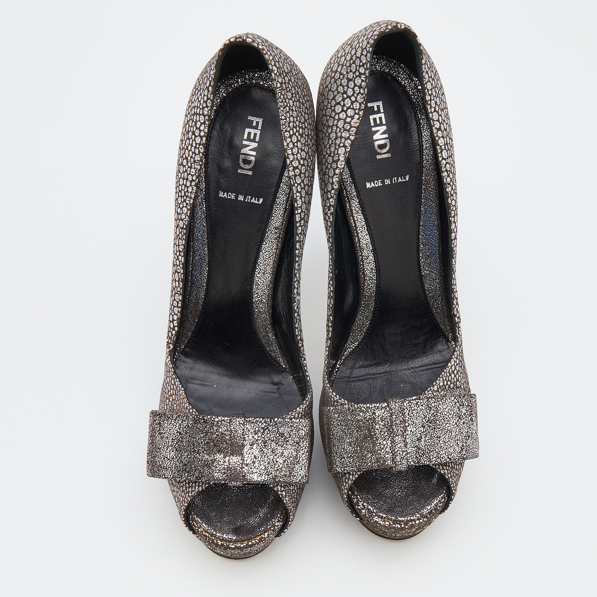 Fendi Silver/Grey Brocade Fabric And Leather Bow Open Toe Platform Pumps Size 38