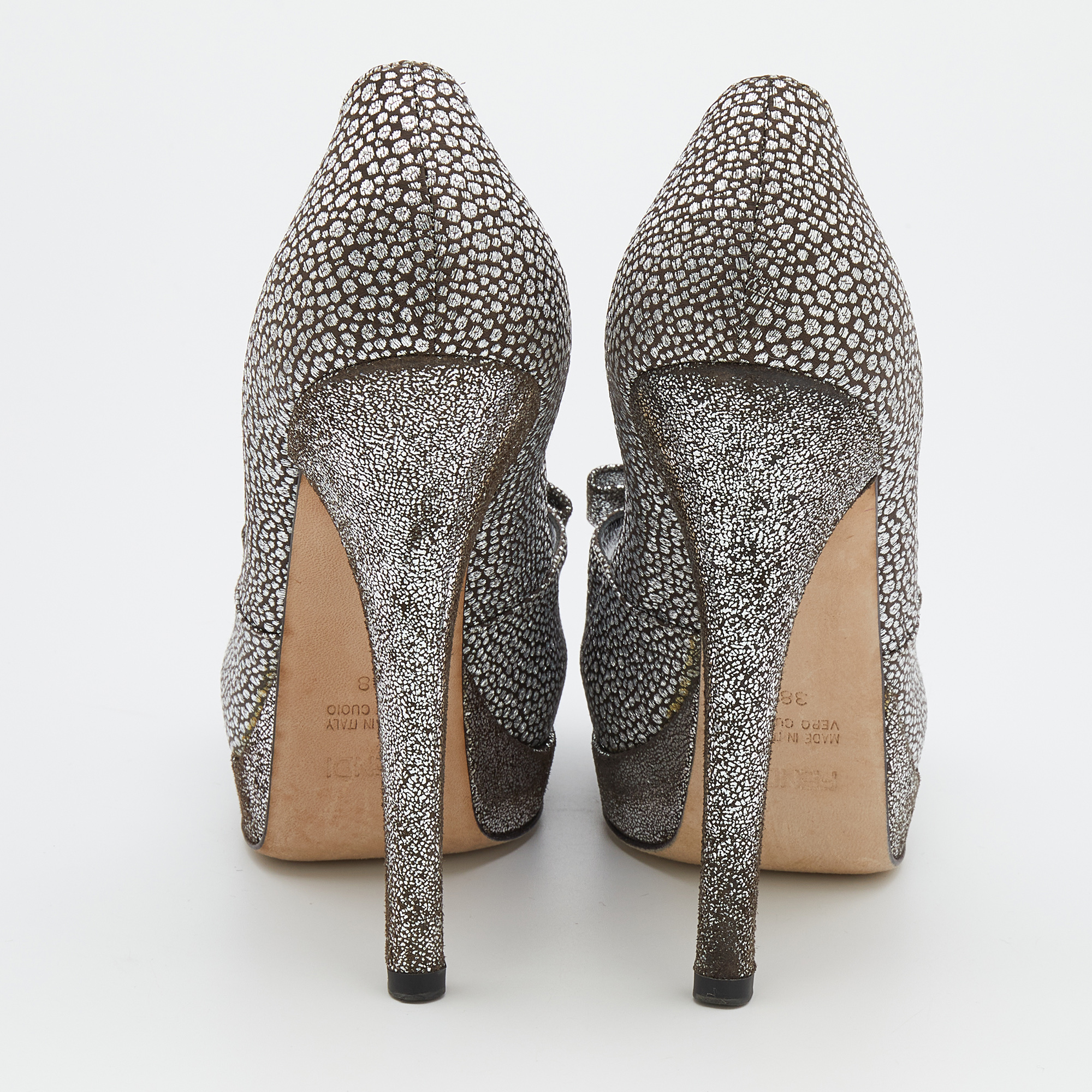 Fendi Silver/Grey Brocade Fabric And Leather Bow Open Toe Platform Pumps Size 38
