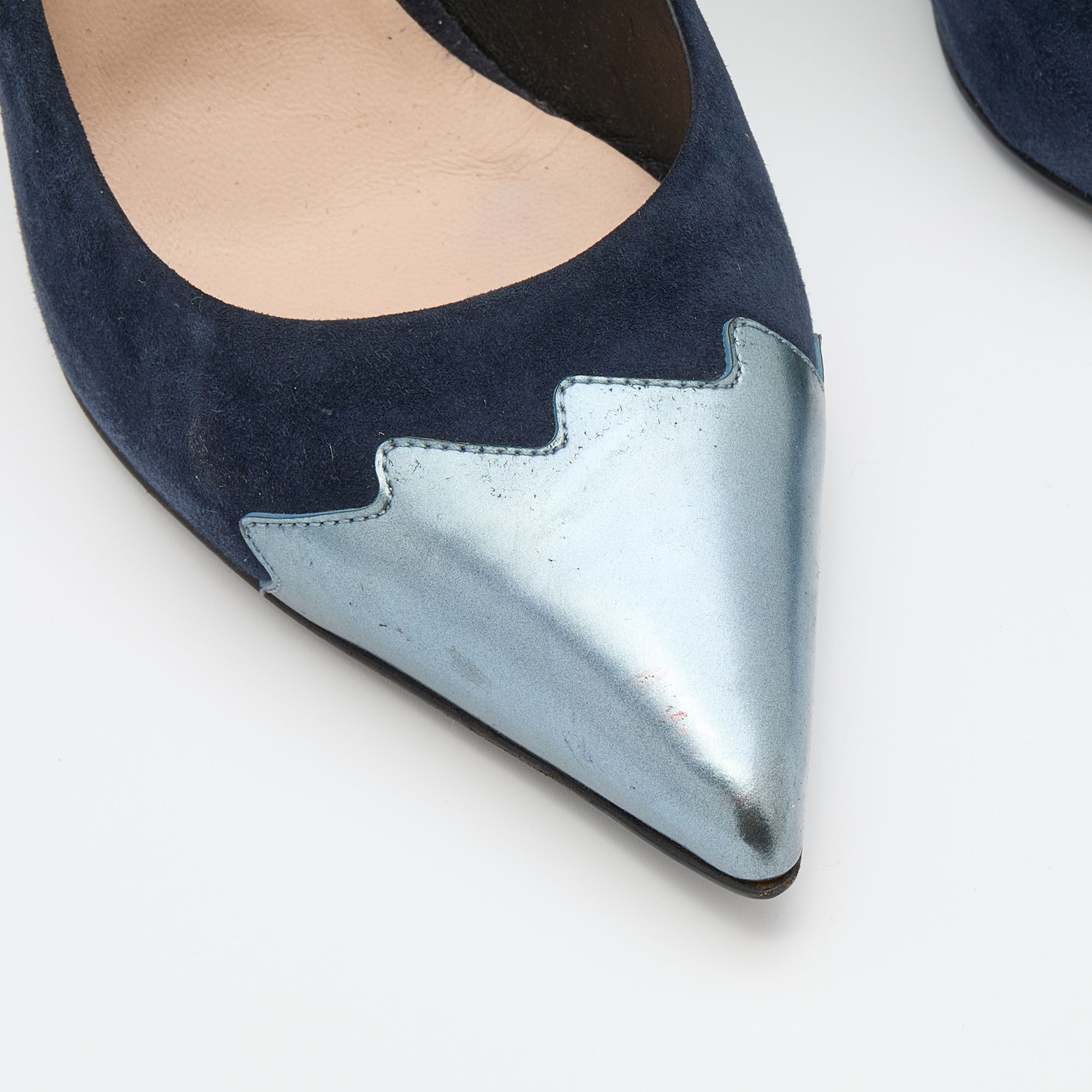 Fendi Navy Blue Suede And Leather Pointed Toe Pumps Size 38.5