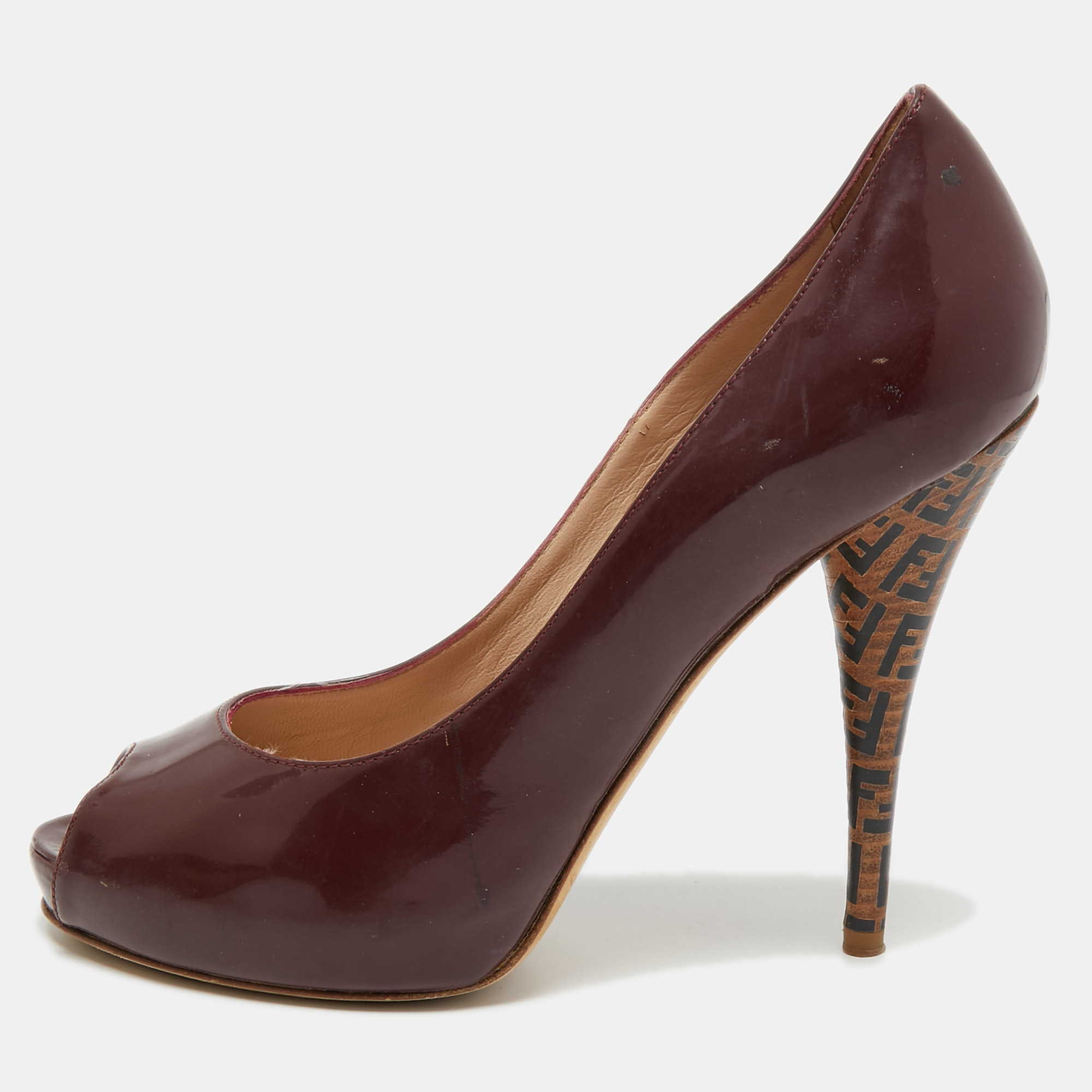 Fendi burgundy patent leather zucca print heel peep toe pumps size 38