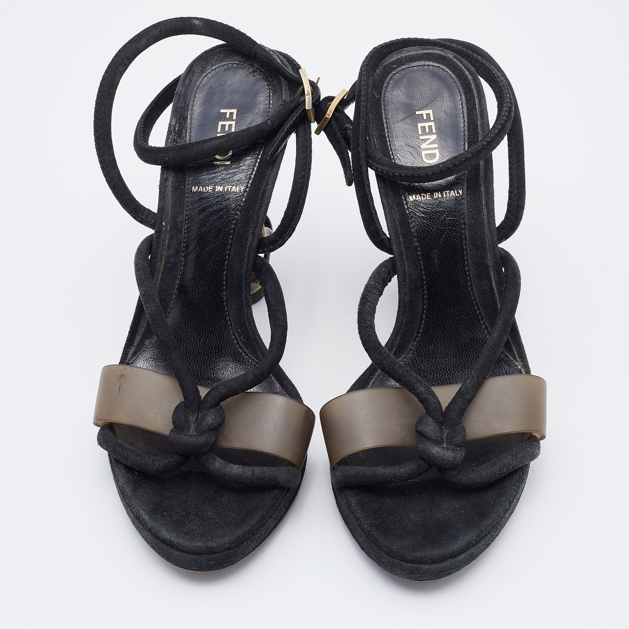 Fendi Black Suede Metal Caged Heel Ankle Strap Platform Sandals Size 37