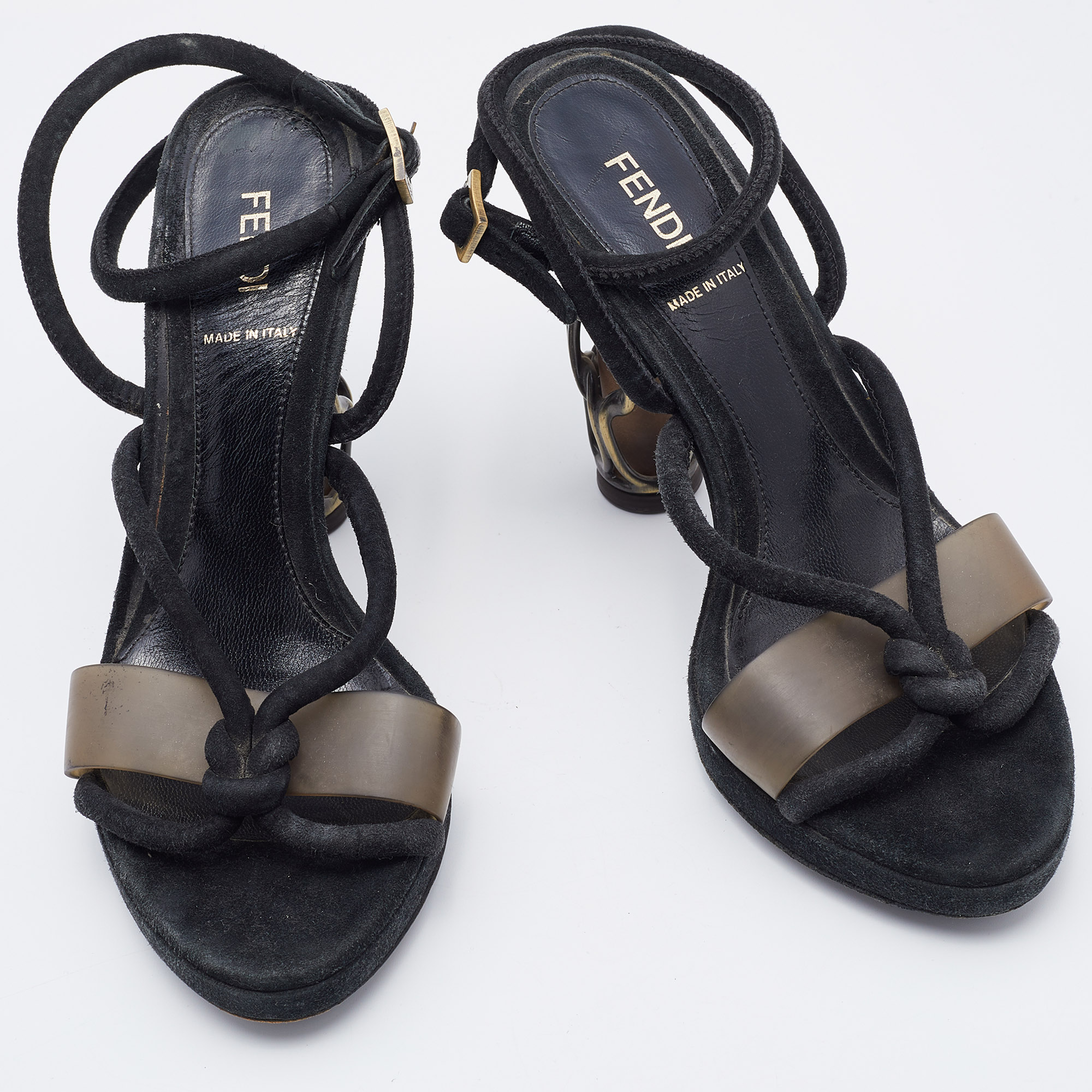 Fendi Black Suede Metal Caged Heel Ankle Strap Platform Sandals Size 37